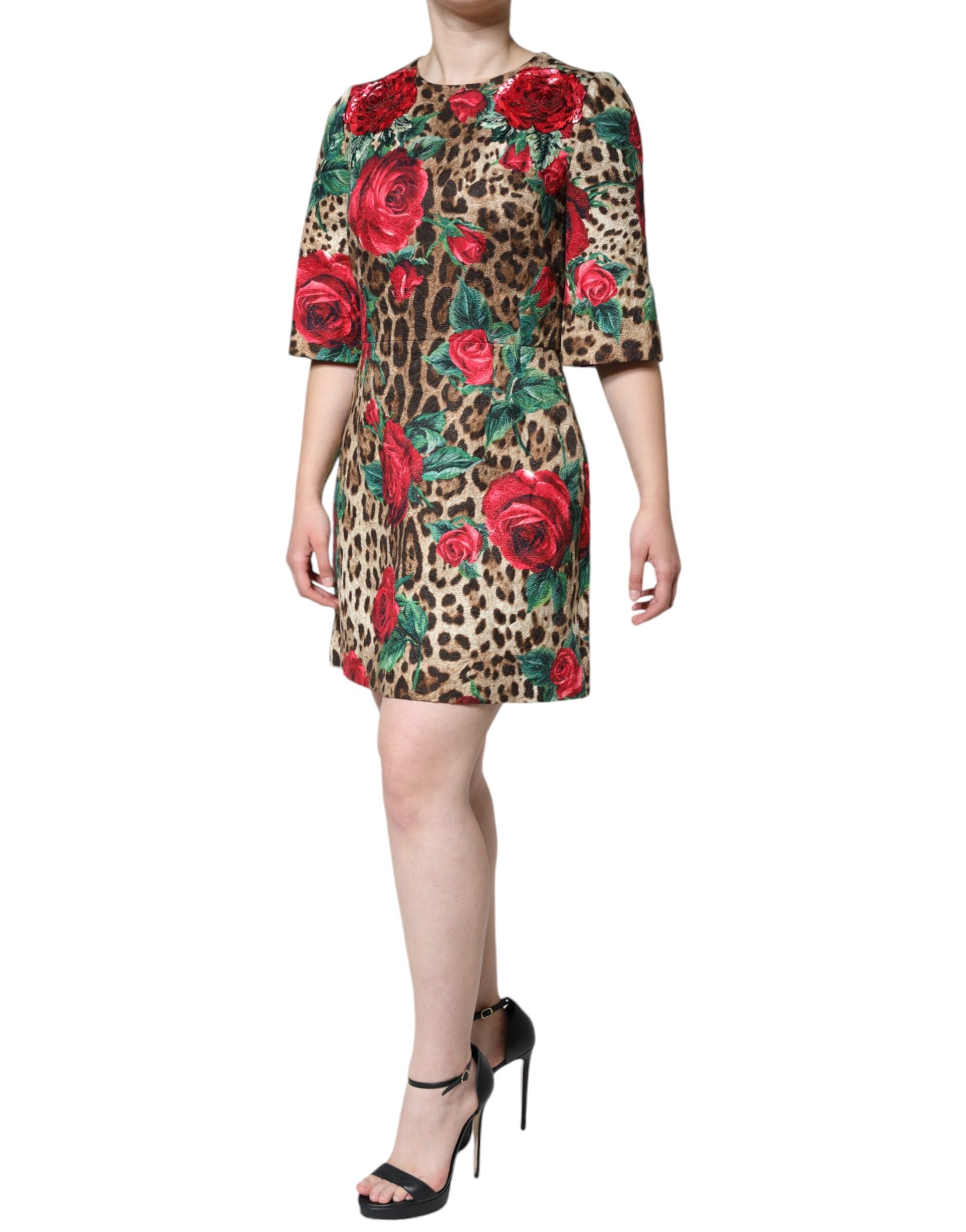 Dolce & Gabbana Braunes Leopardenkleid mit roten Rosen aus Baumwolle in A-Linie-3