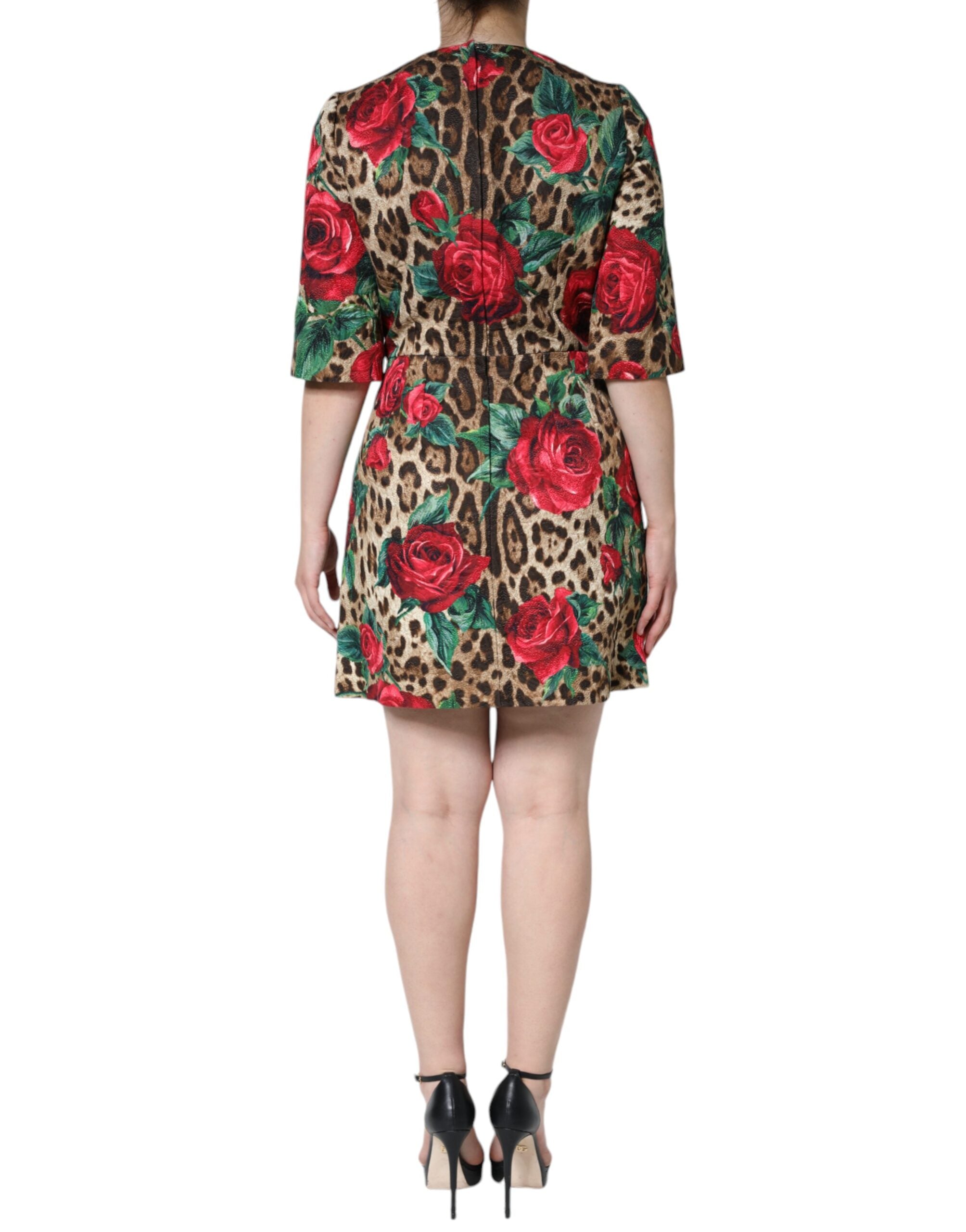 Dolce & Gabbana Braunes Leopardenkleid mit roten Rosen aus Baumwolle in A-Linie-4