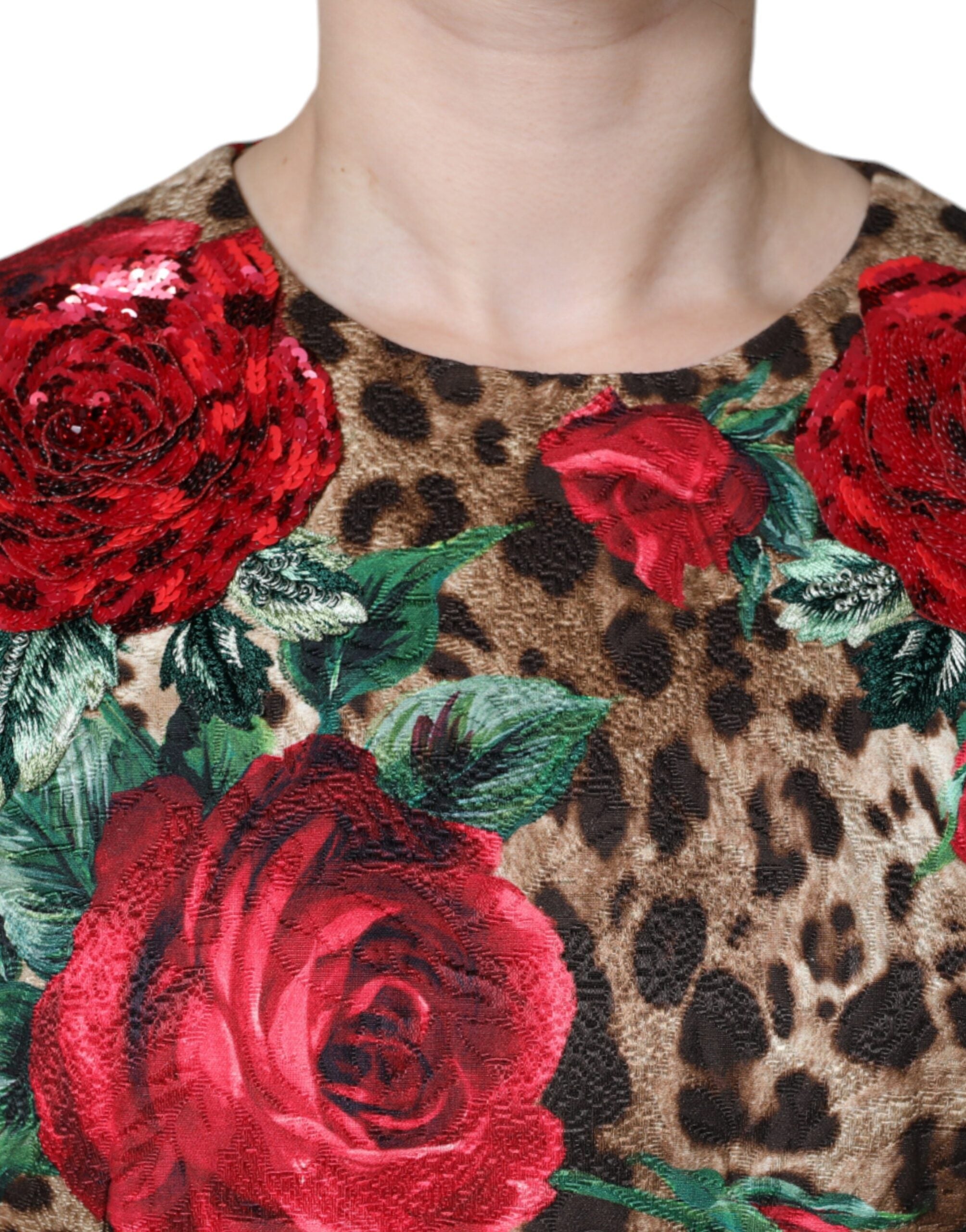 Dolce & Gabbana Braunes Leopardenkleid mit roten Rosen aus Baumwolle in A-Linie-5