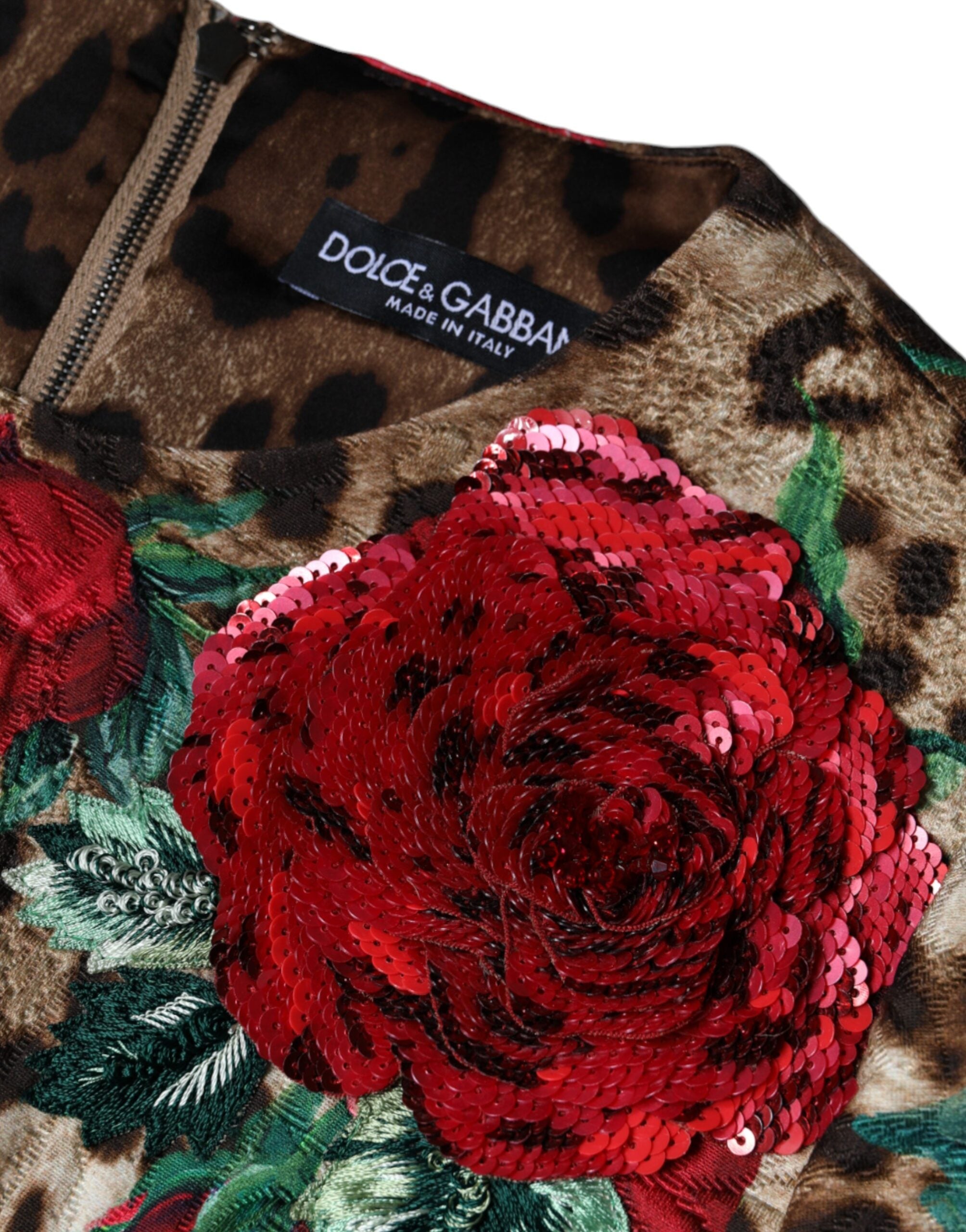 Dolce & Gabbana Braunes Leopardenkleid mit roten Rosen aus Baumwolle in A-Linie-6