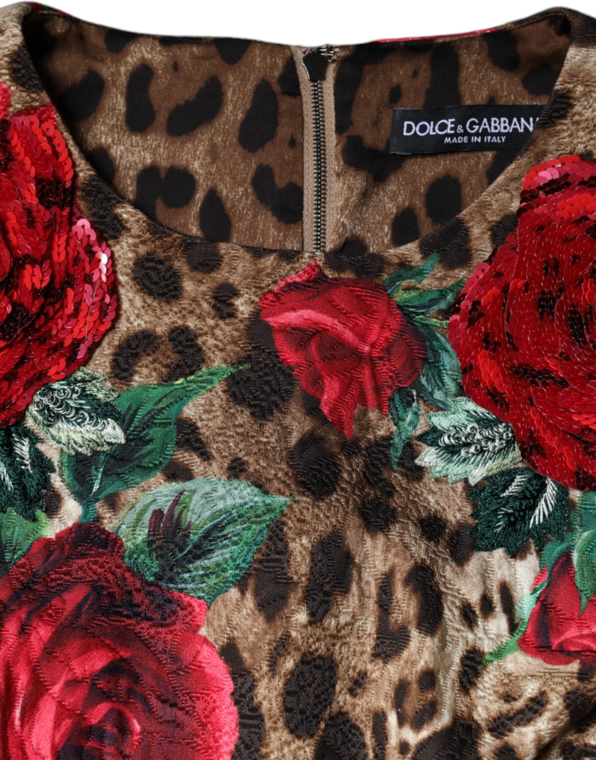 Dolce & Gabbana Braunes Leopardenkleid mit roten Rosen aus Baumwolle in A-Linie-7