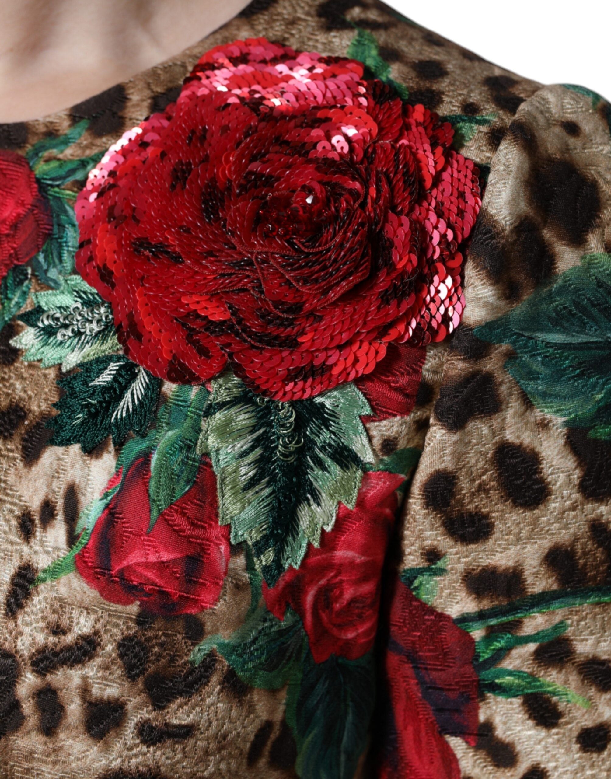Dolce & Gabbana Braunes Leopardenkleid mit roten Rosen aus Baumwolle in A-Linie-8