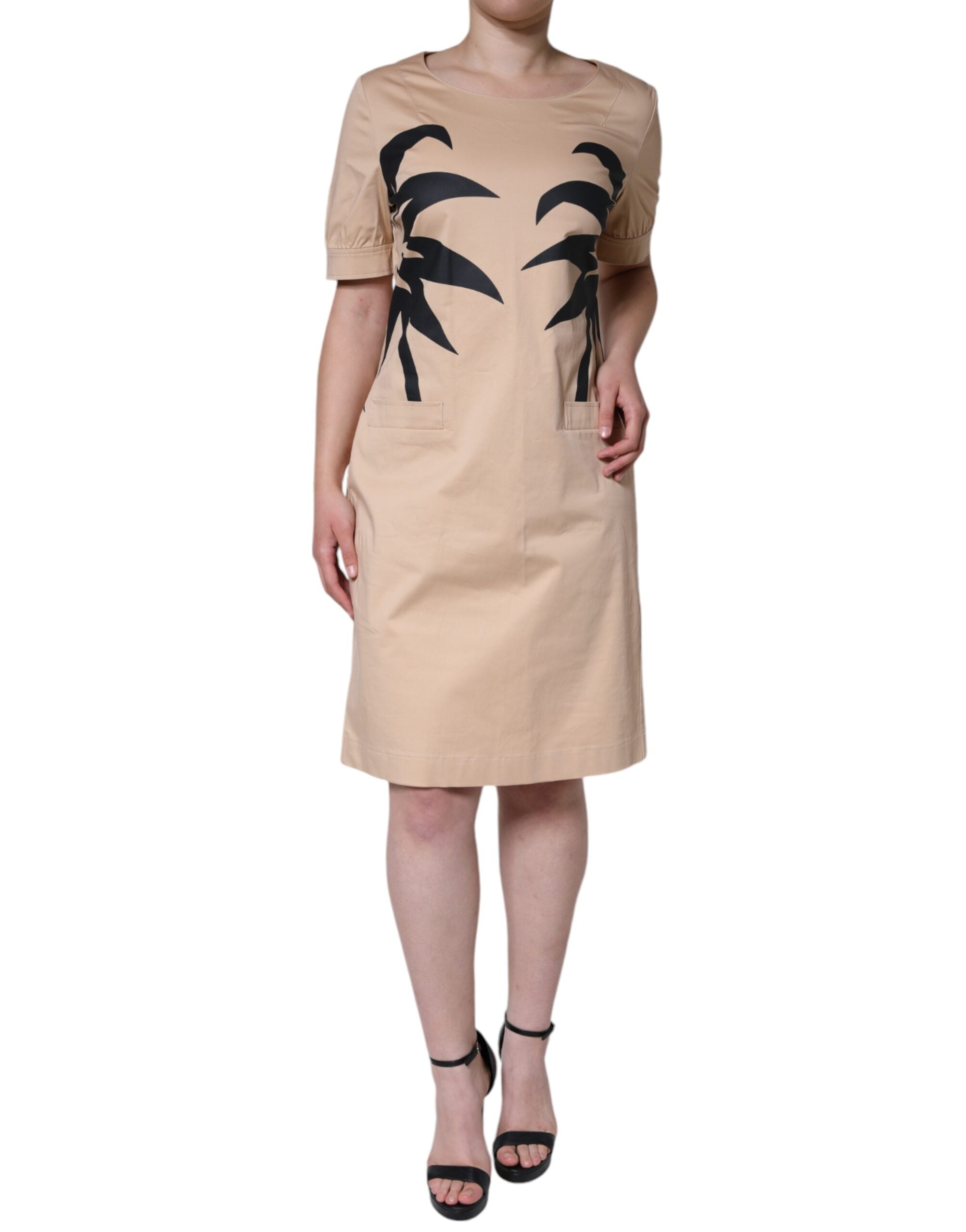 Vestido Moschino de algodón beige con mangas cortas y largo hasta la rodilla-1