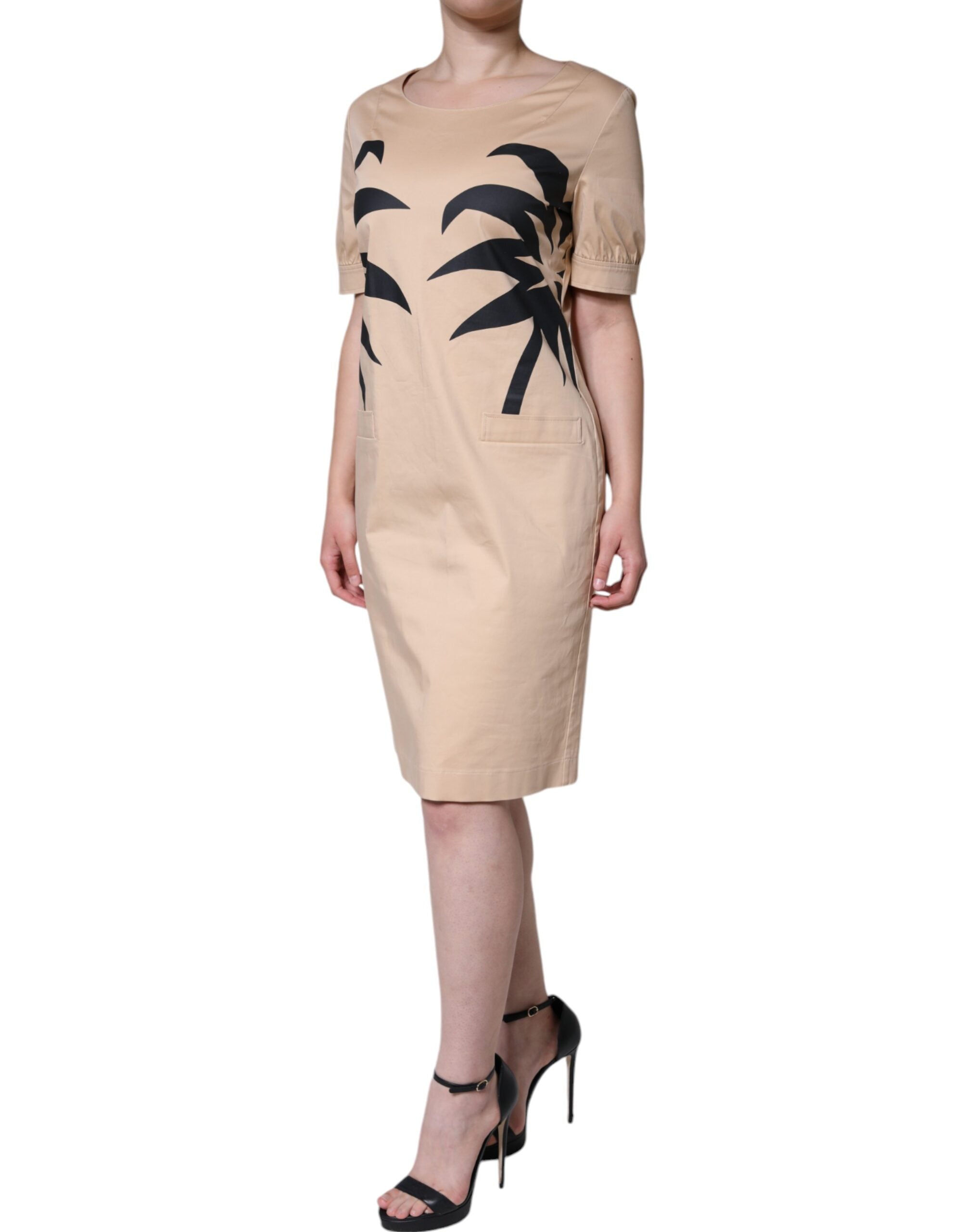 Vestido Moschino de algodón beige con mangas cortas y largo hasta la rodilla-3