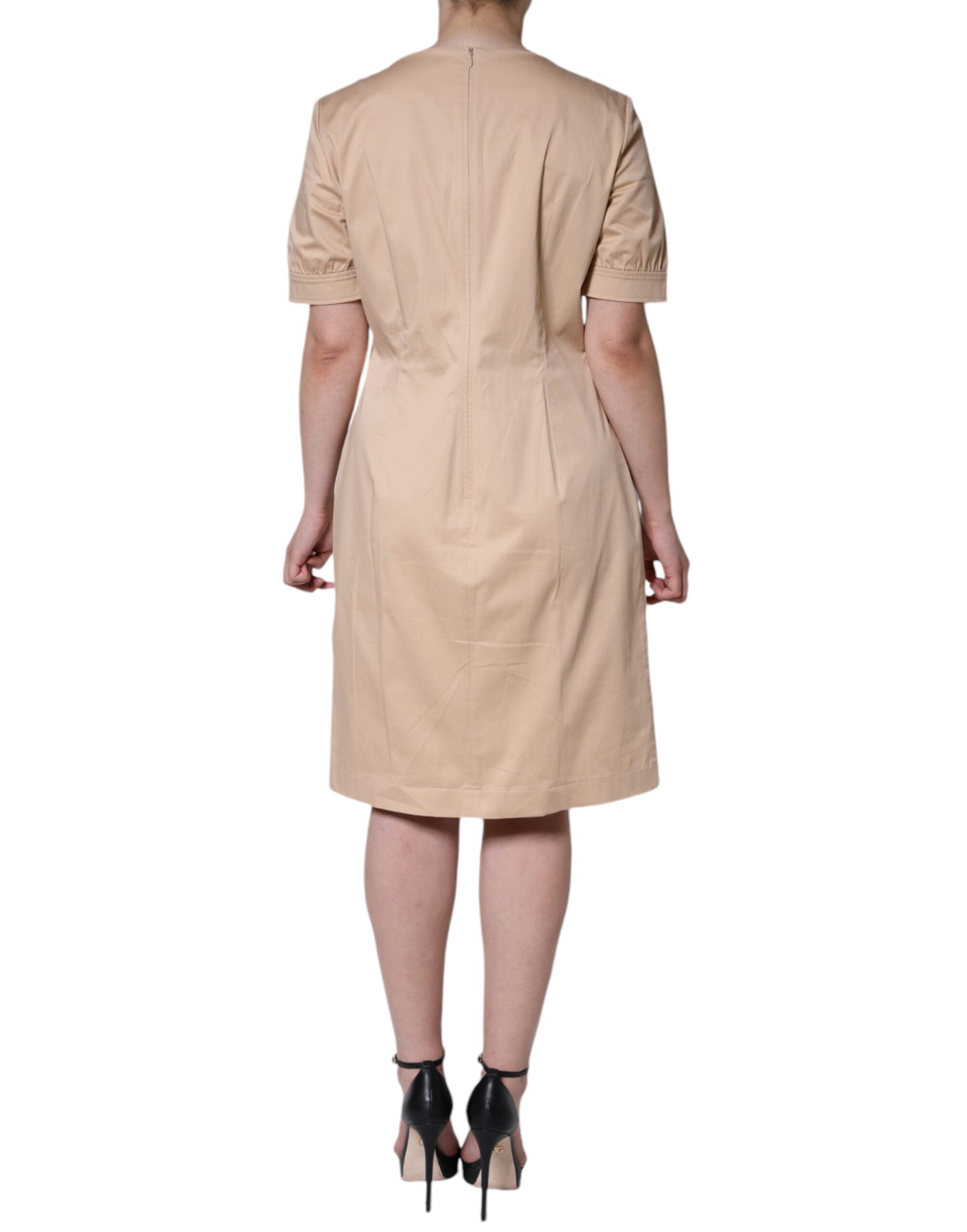 Vestido Moschino de algodón beige con mangas cortas y largo hasta la rodilla-4