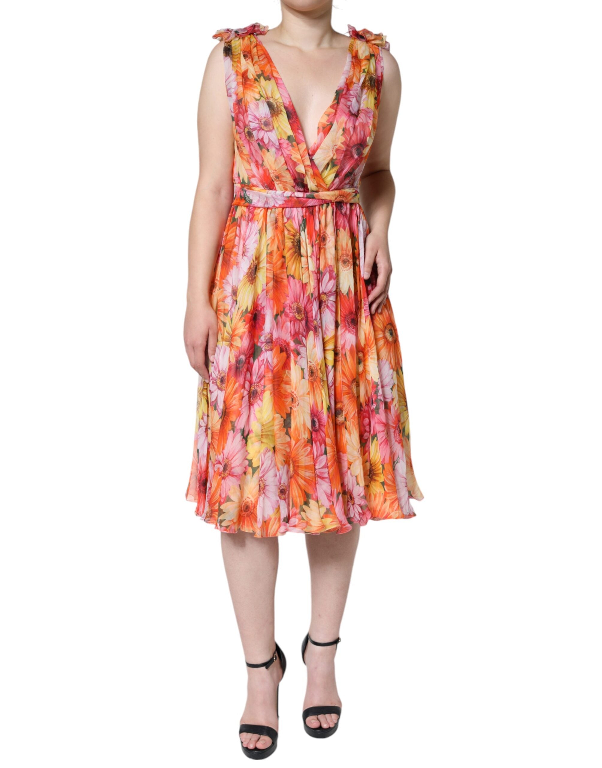 Dolce & Gabbana Multicolor Floral Sleeveless Midi Dress with V-Neck-1