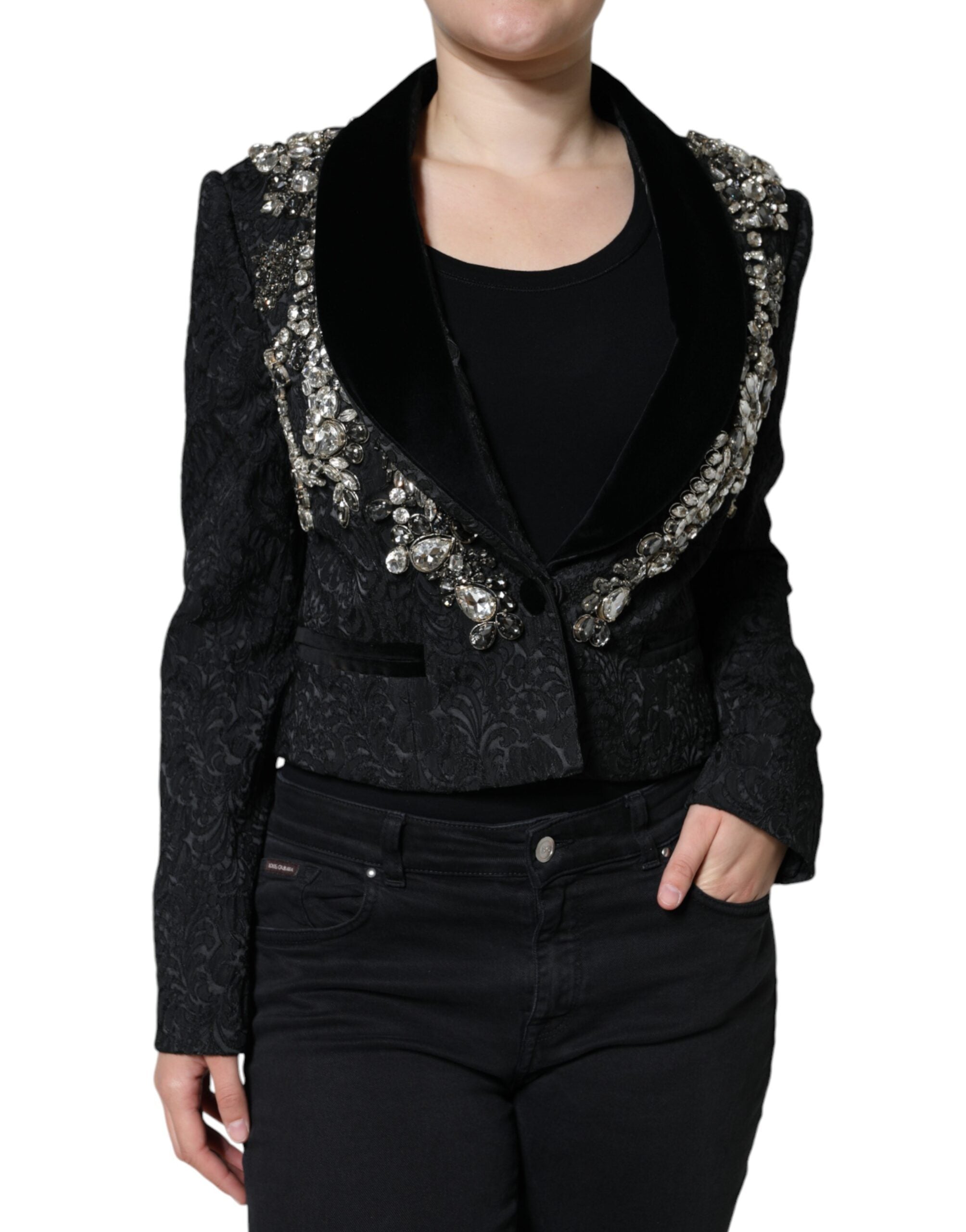 Dolce & Gabbana Black Jacquard Crystal Floral Jacket Blazer-2