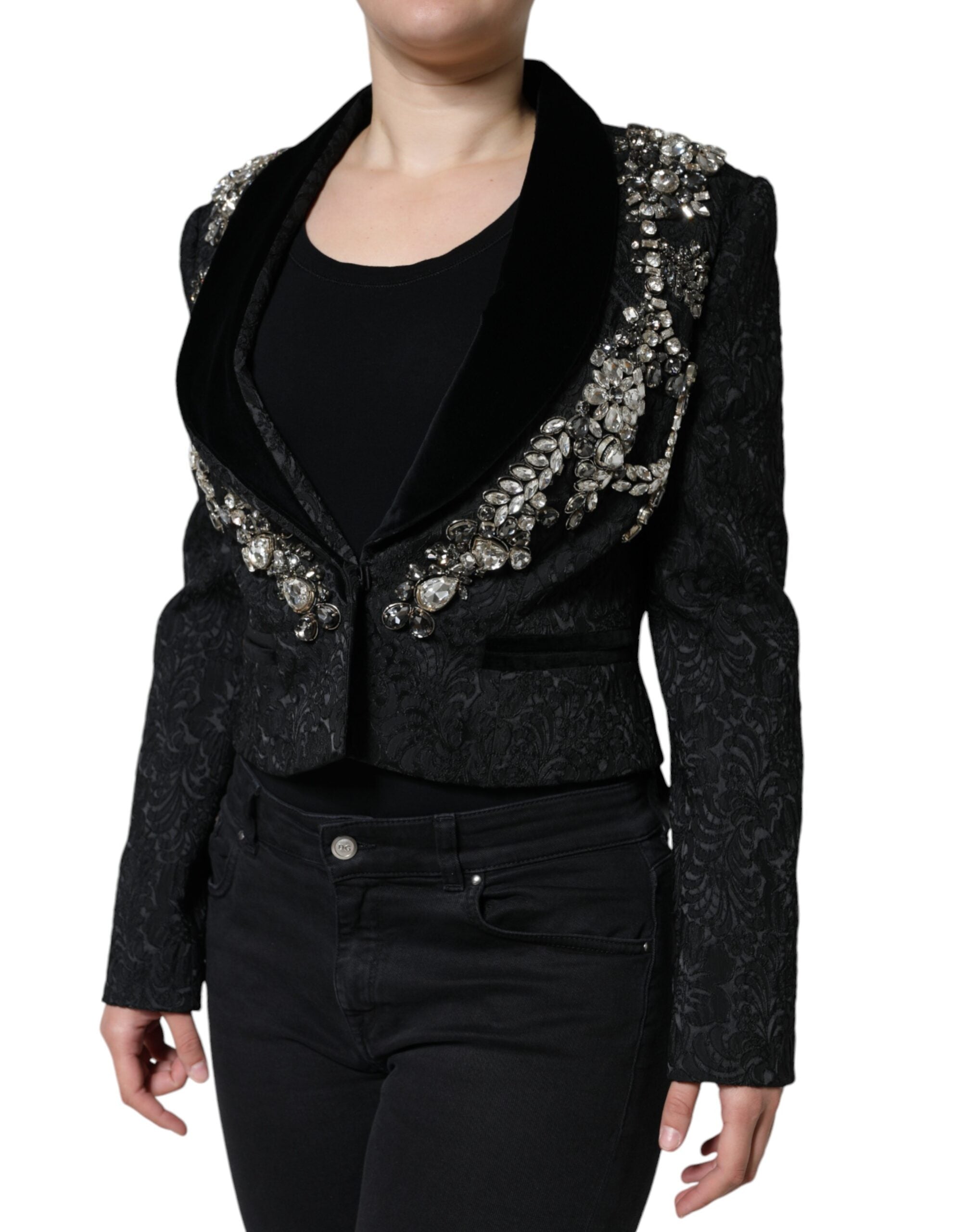 Dolce & Gabbana Black Jacquard Crystal Floral Jacket Blazer-3