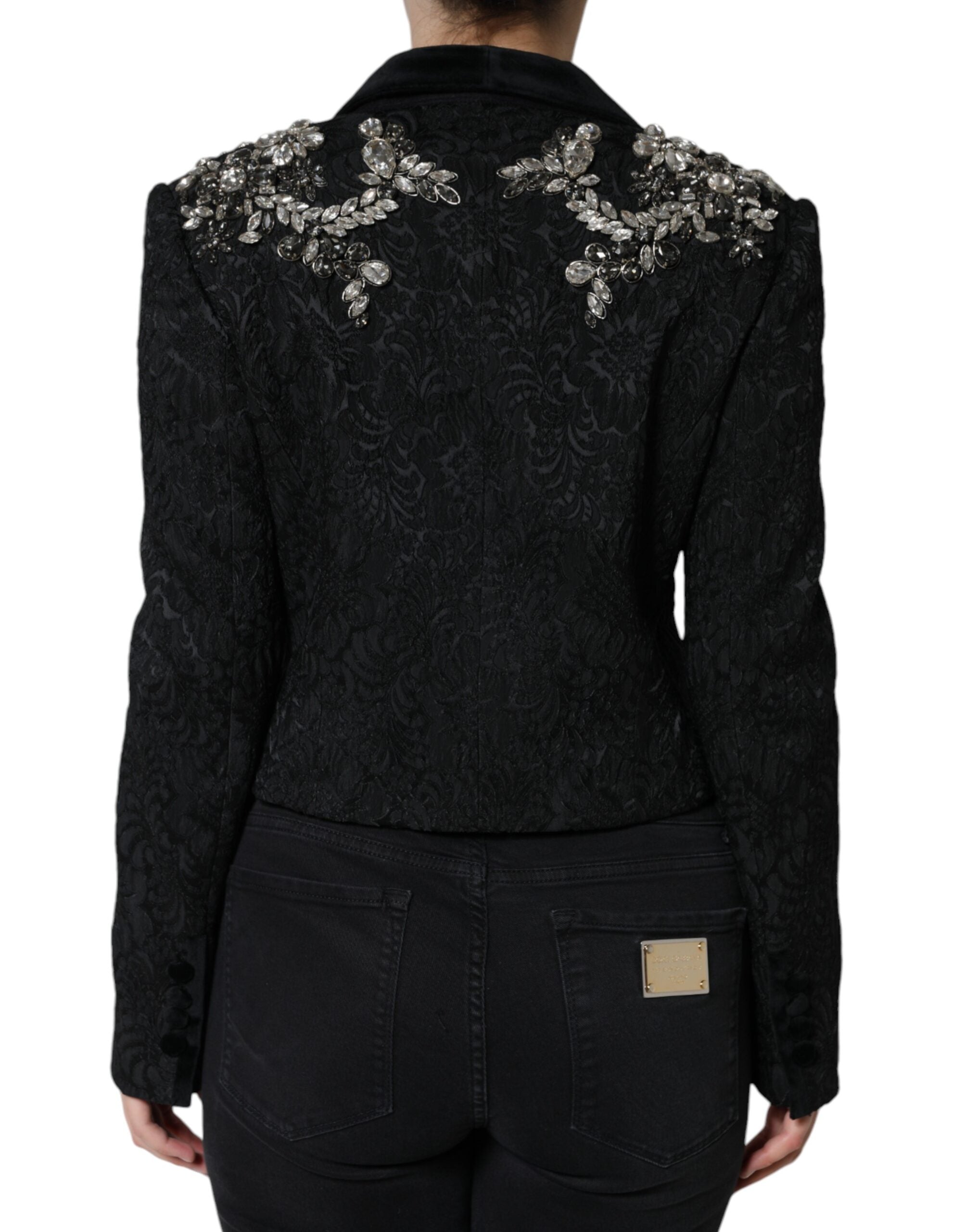 Dolce & Gabbana Black Jacquard Crystal Floral Jacket Blazer-4