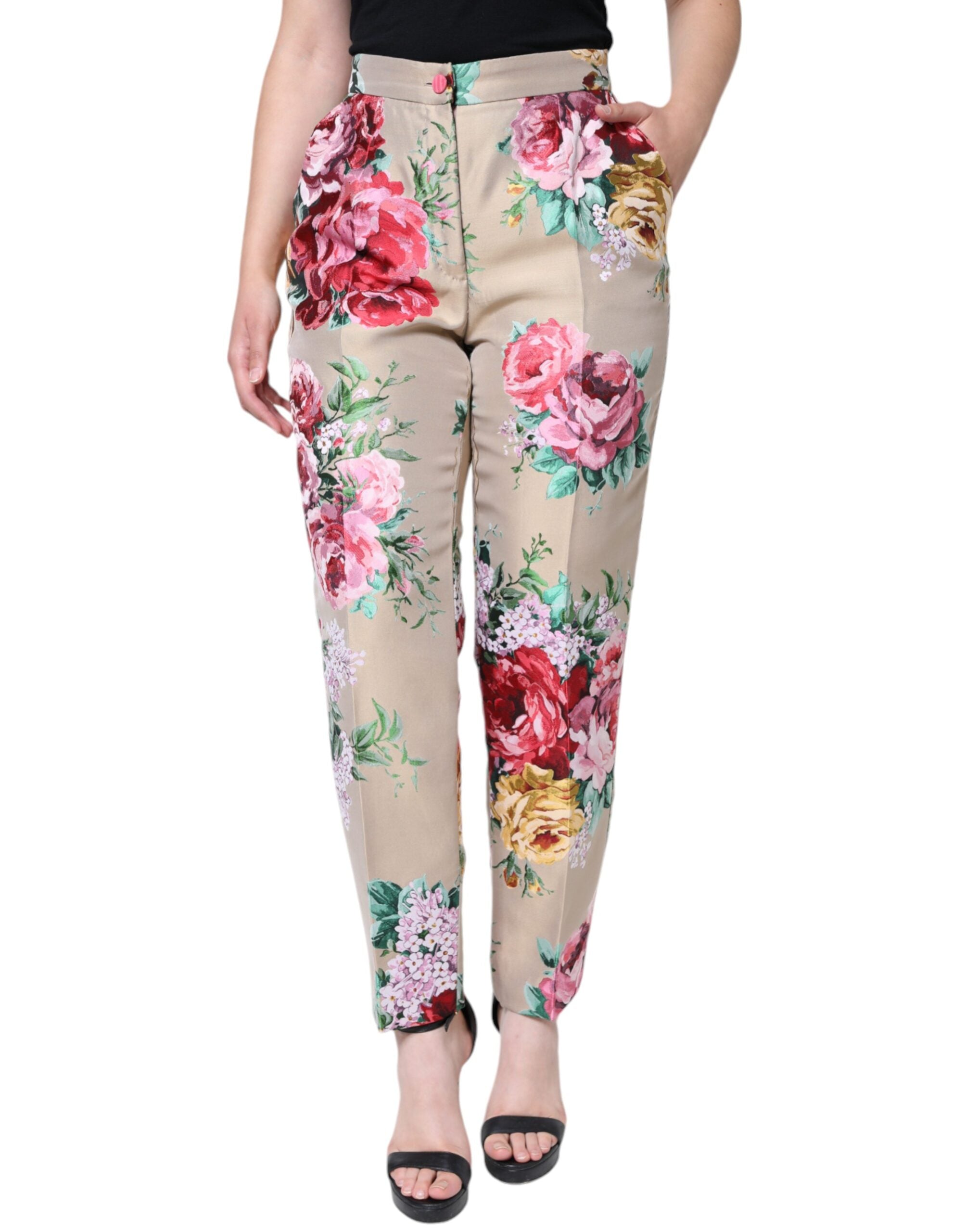 Dolce & Gabbana beige jacquard trousers with a high waist and tapered leg featuring a floral pattern-2