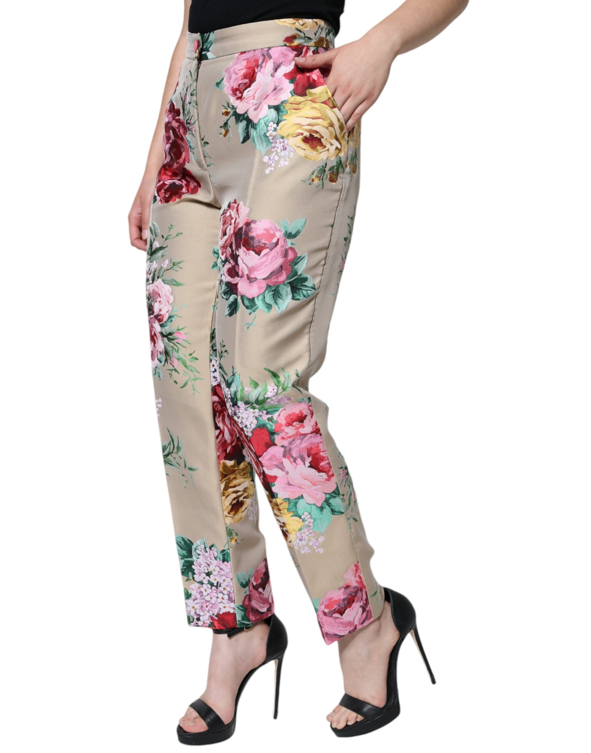 Dolce & Gabbana beige jacquard trousers with a high waist and tapered leg featuring a floral pattern-3
