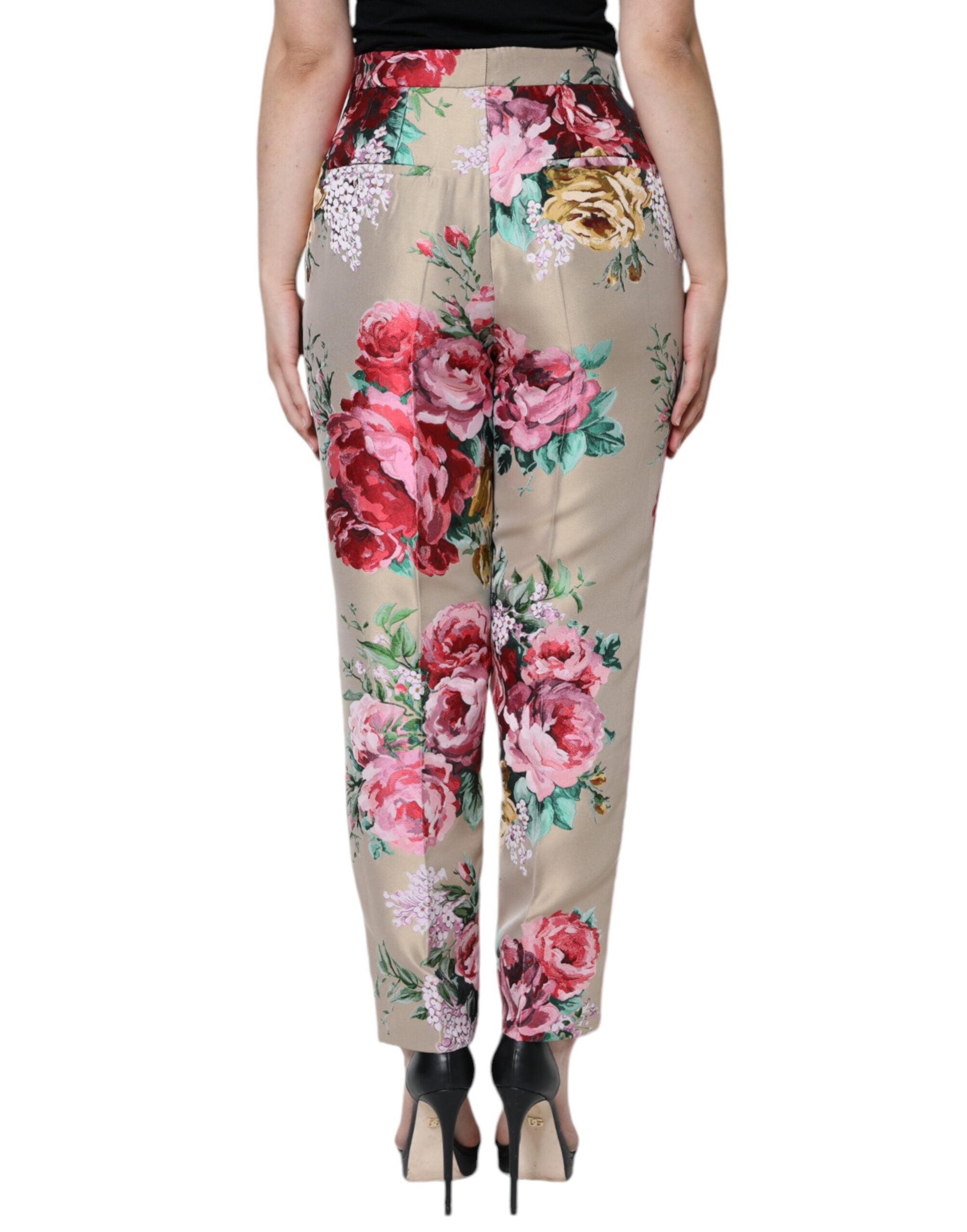 Dolce & Gabbana beige jacquard trousers with a high waist and tapered leg featuring a floral pattern-4