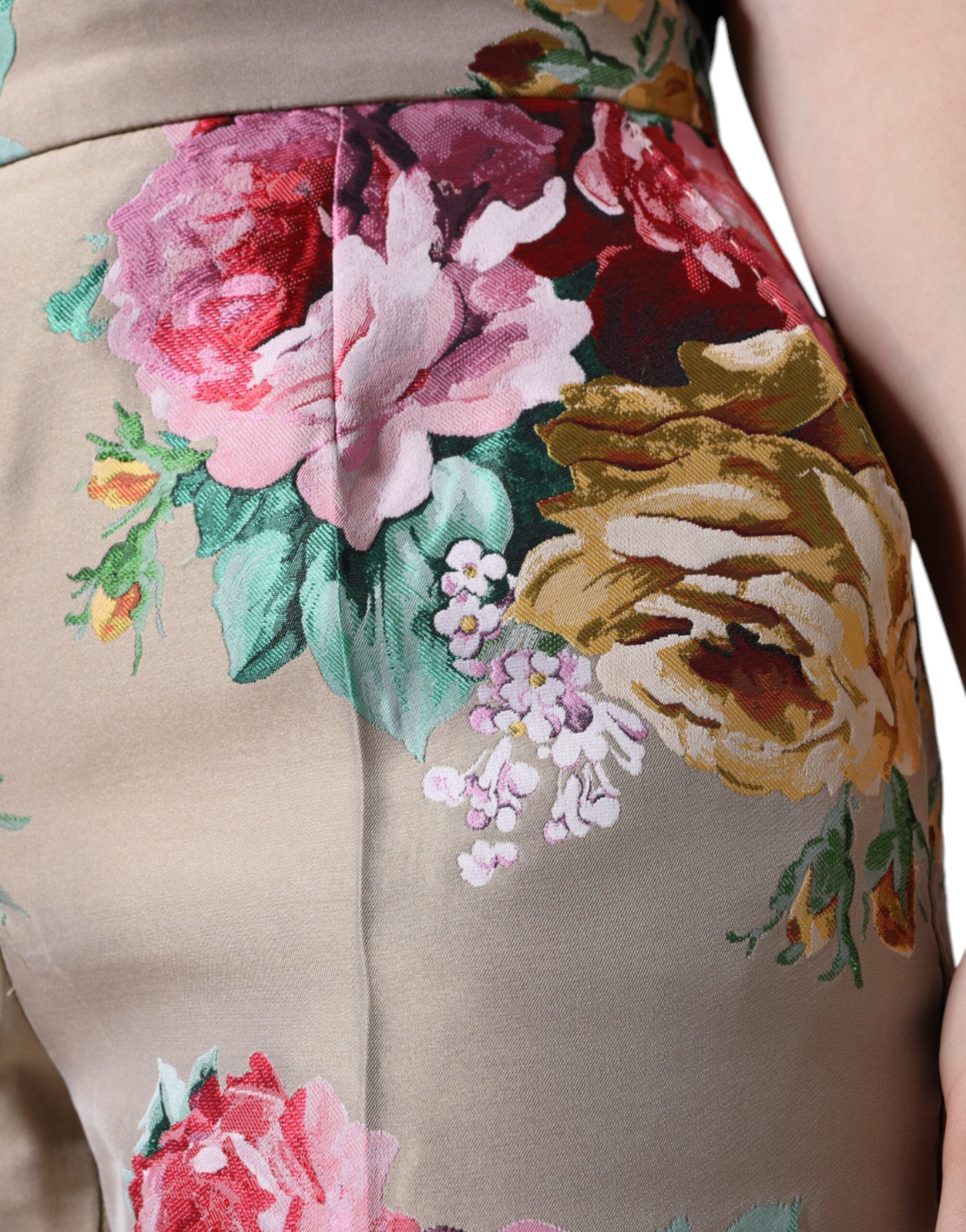 Dolce & Gabbana beige jacquard trousers with a high waist and tapered leg featuring a floral pattern-5