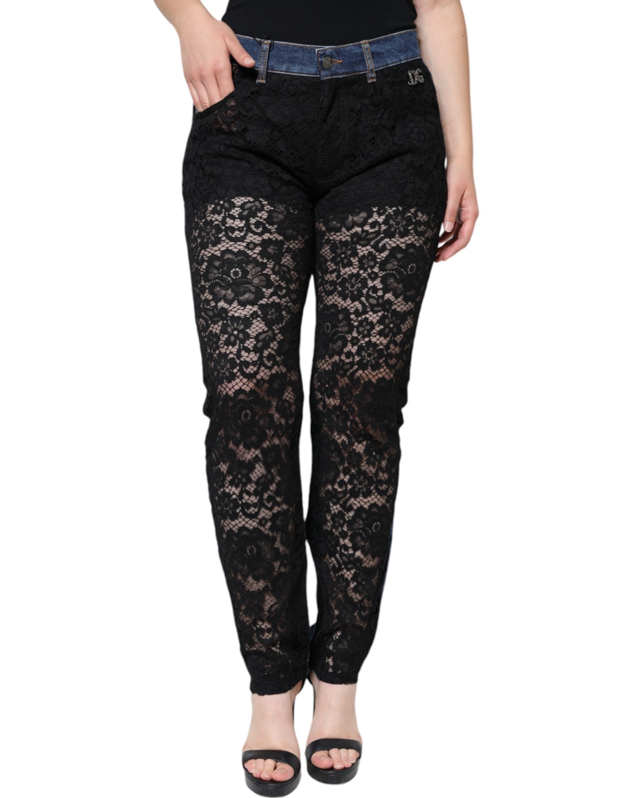 Dolce & Gabbana Black Floral Skinny Denim Jeans with Lace-2