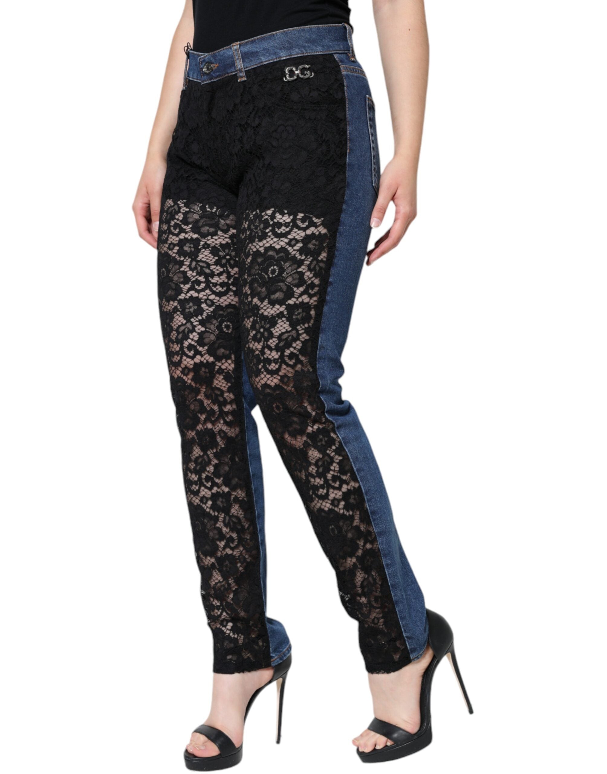 Dolce & Gabbana Black Floral Skinny Denim Jeans with Lace-3