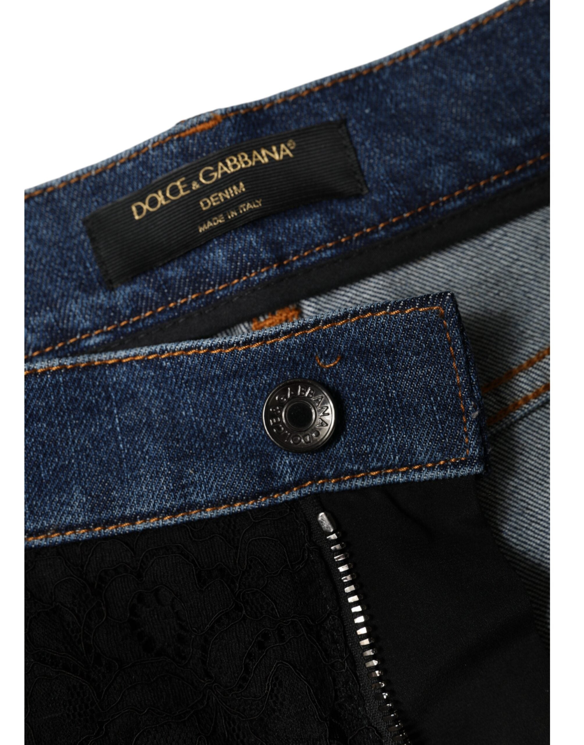 Dolce & Gabbana Black Floral Skinny Denim Jeans with Lace-6