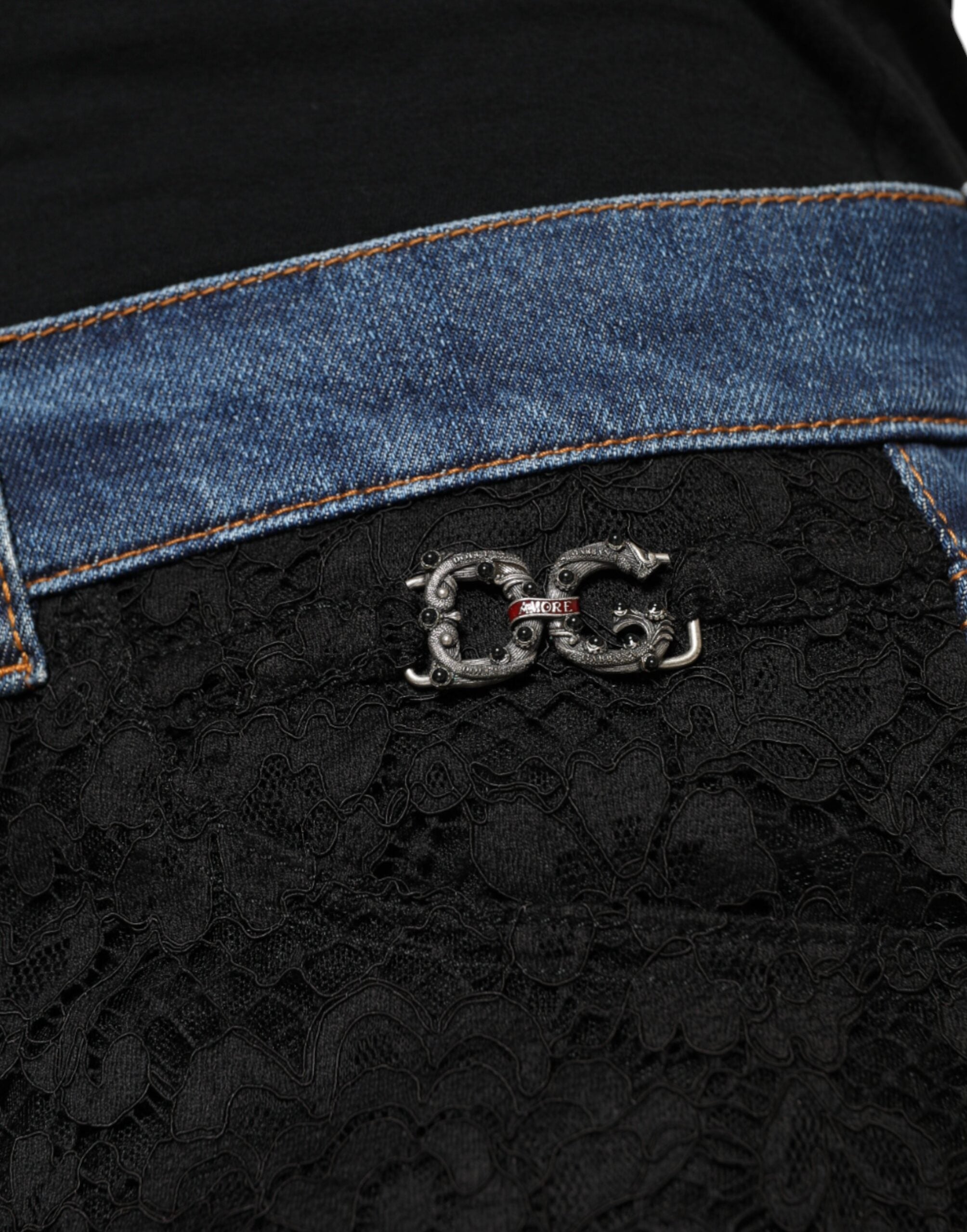 Dolce & Gabbana Black Floral Skinny Denim Jeans with Lace-8