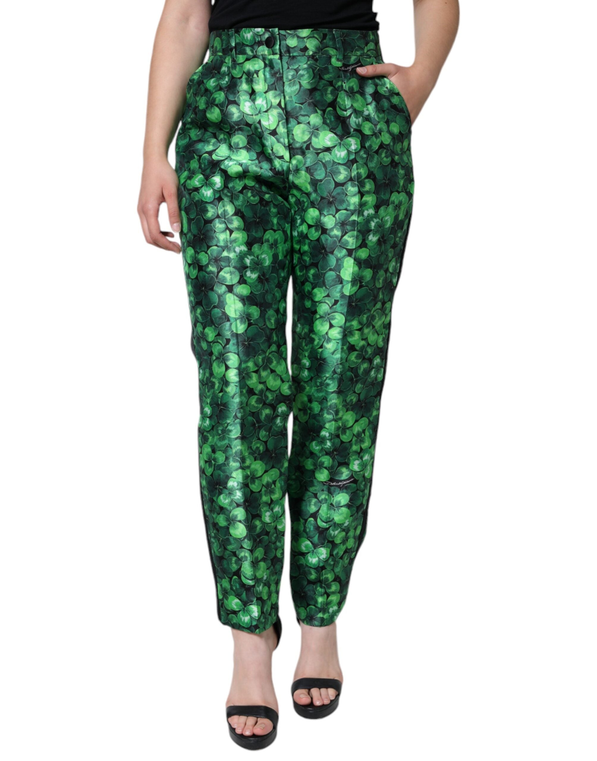 Dolce & Gabbana Green Clover Silk Satin High-Waisted Trousers-2