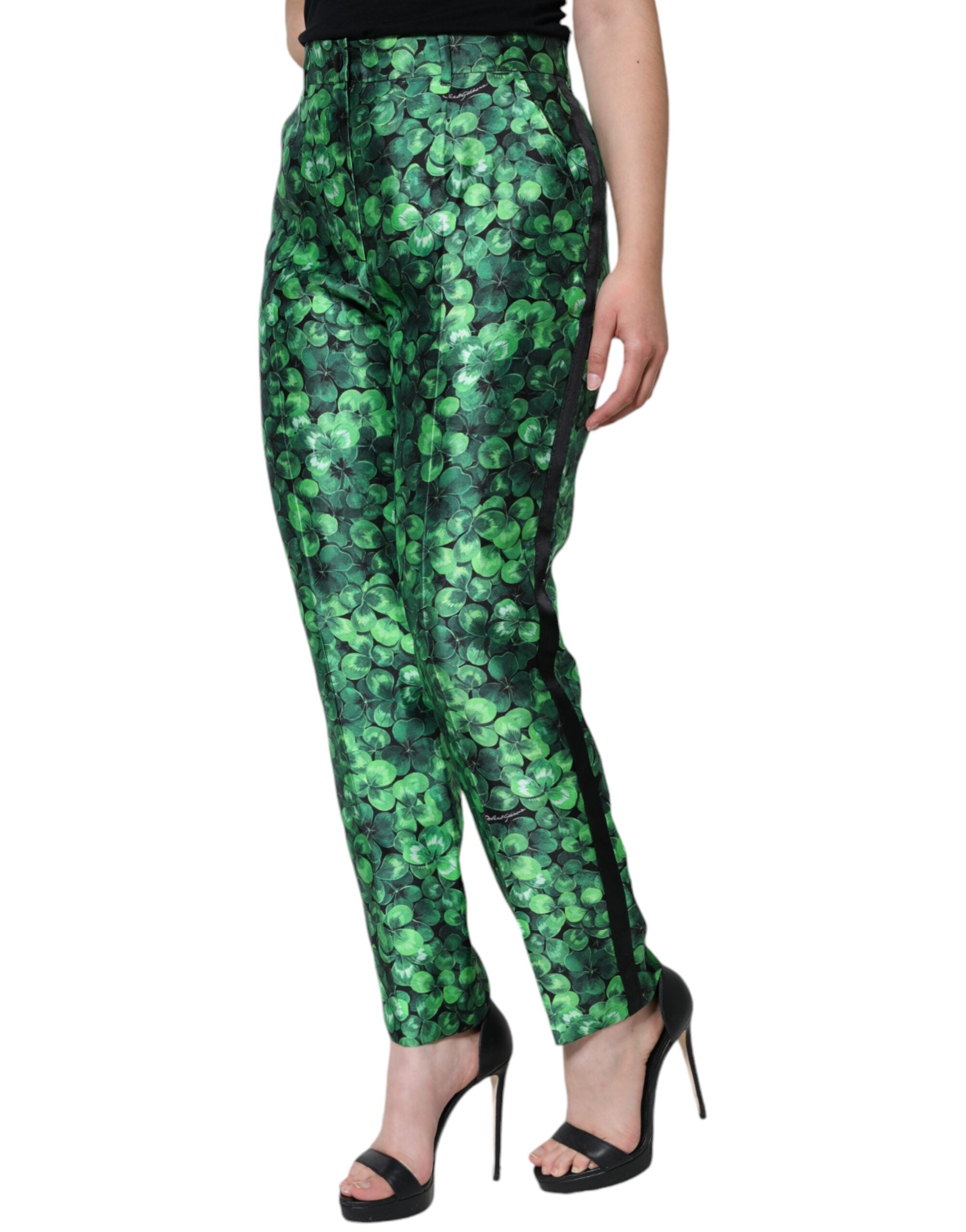 Dolce & Gabbana Green Clover Silk Satin High-Waisted Trousers-3