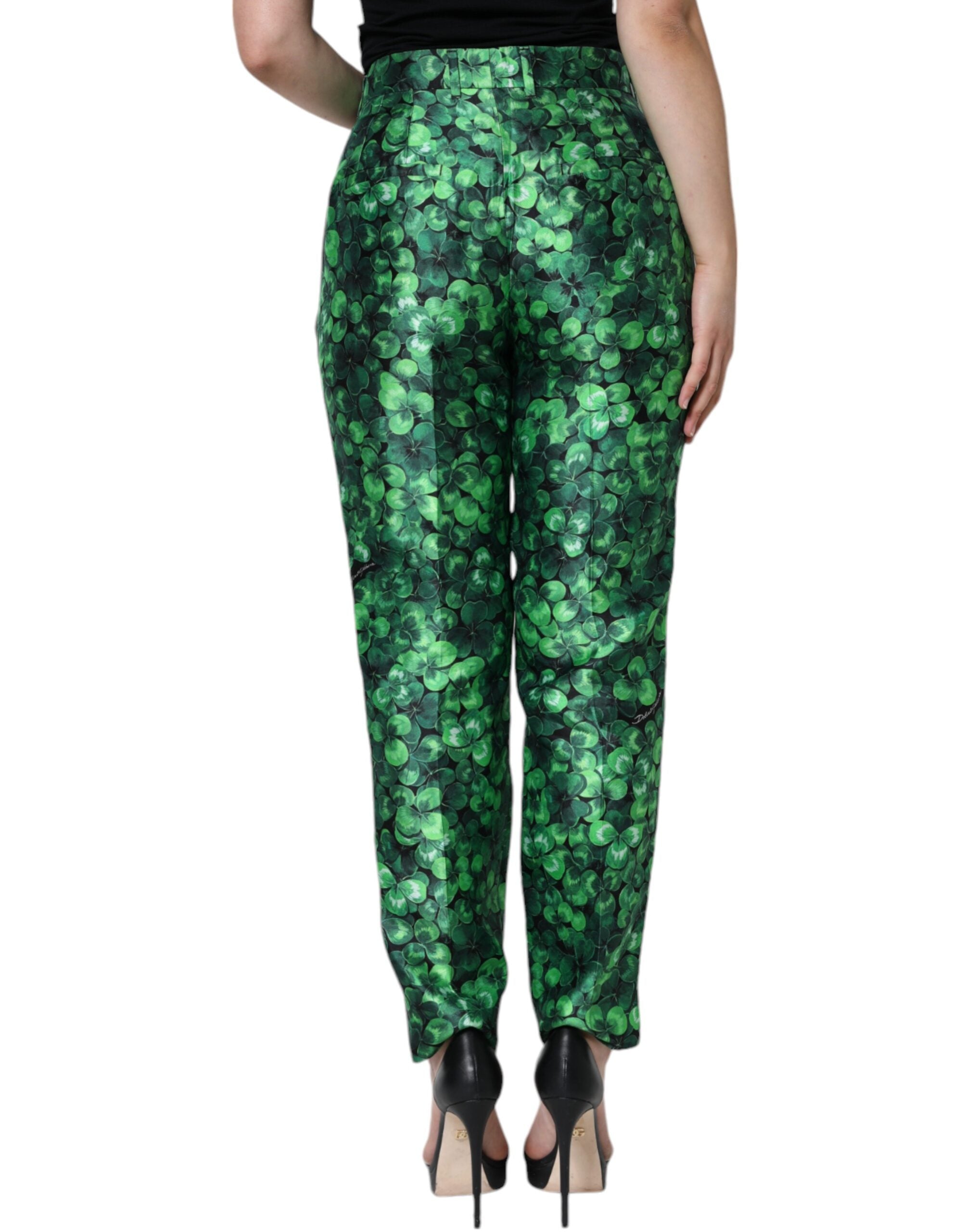 Dolce & Gabbana Green Clover Silk Satin High-Waisted Trousers-4