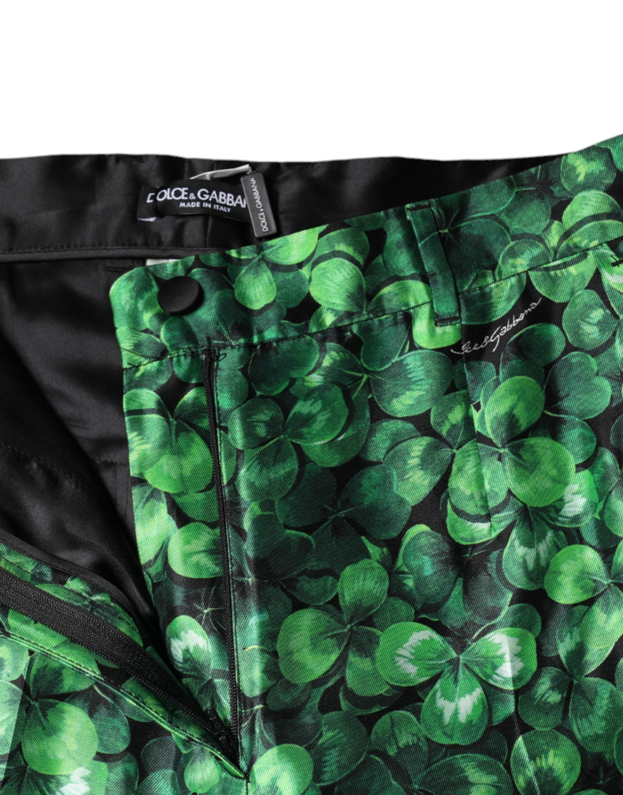 Dolce & Gabbana Green Clover Silk Satin High-Waisted Trousers-5