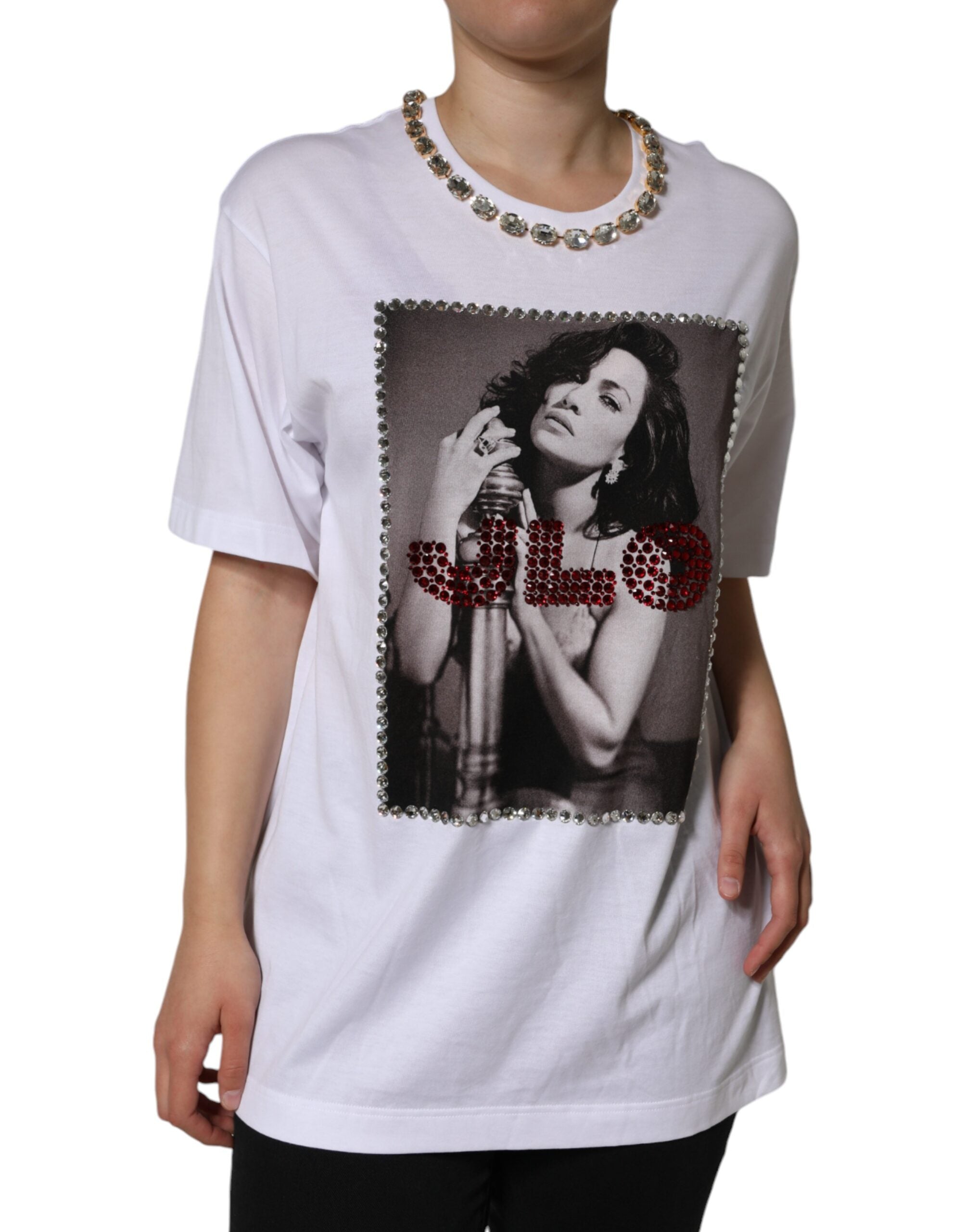 Dolce & Gabbana Weißes T-Shirt mit bedrucktem Kristallausschnitt-2