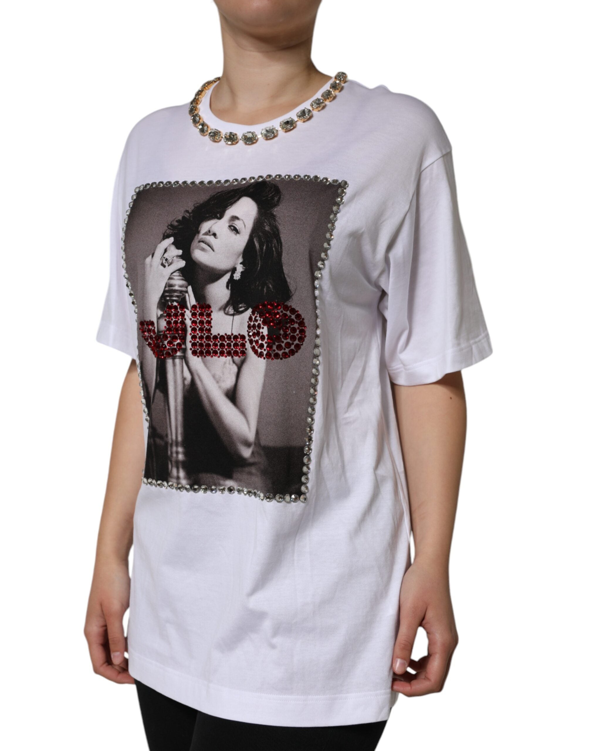 Dolce & Gabbana Weißes T-Shirt mit bedrucktem Kristallausschnitt-3