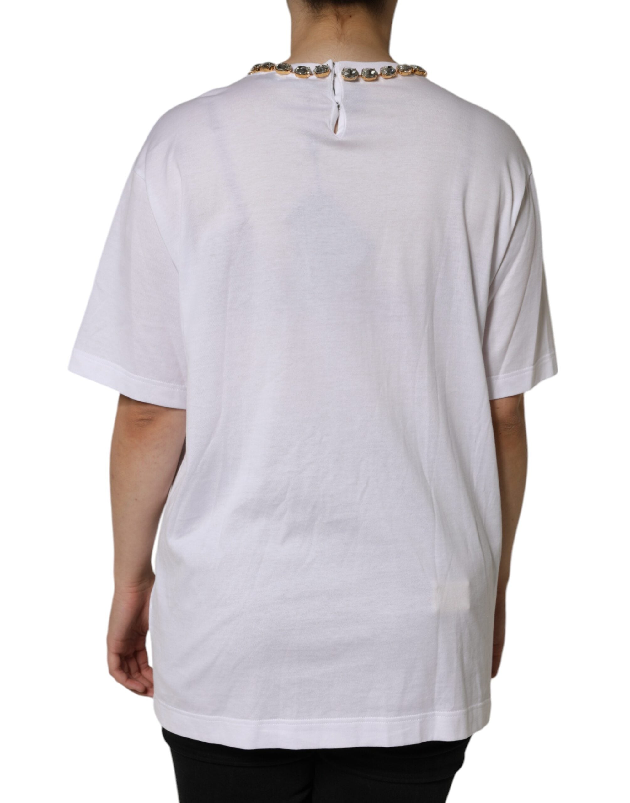 Dolce & Gabbana Weißes T-Shirt mit bedrucktem Kristallausschnitt-4