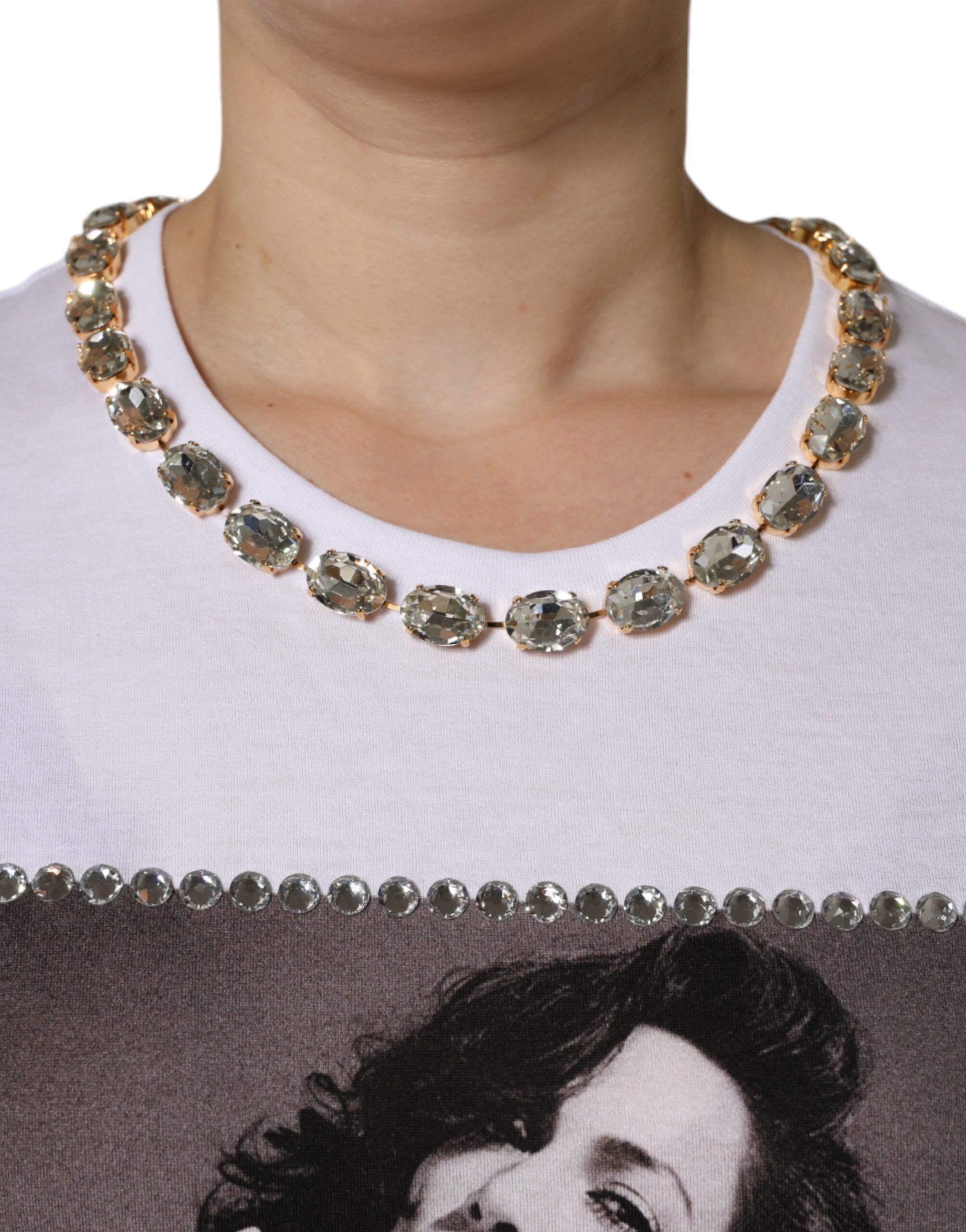 Dolce & Gabbana Weißes T-Shirt mit bedrucktem Kristallausschnitt-5