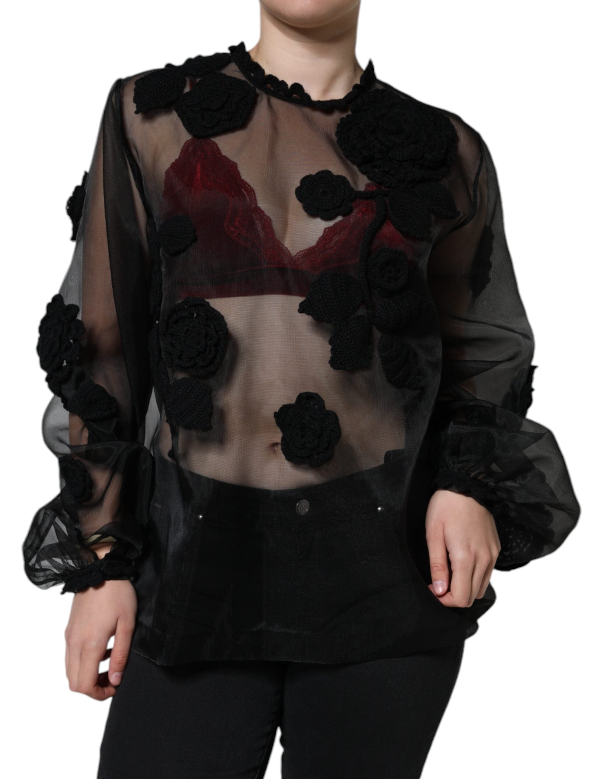 Dolce & Gabbana Black blouse in transparent nylon mesh with floral pattern-2