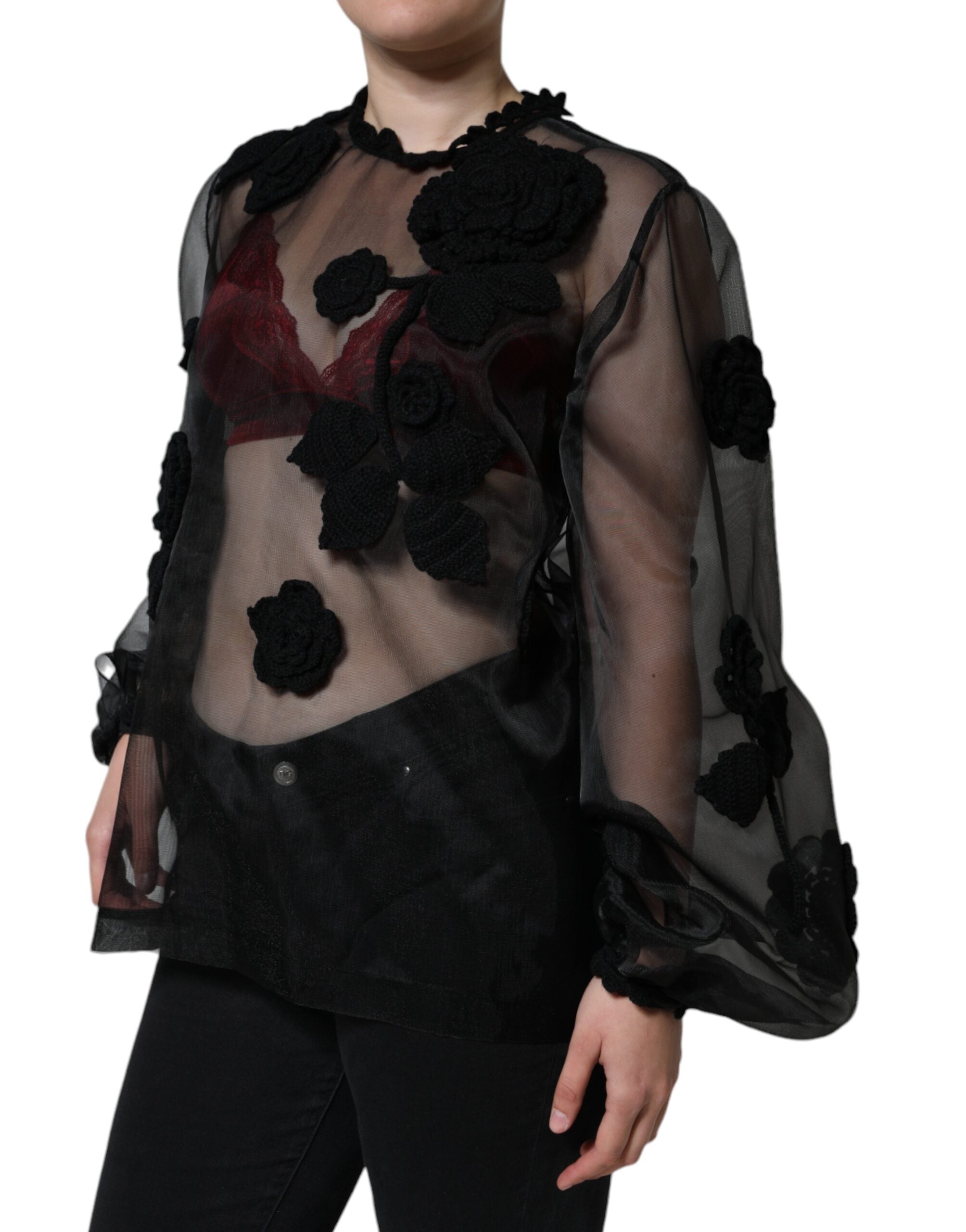Dolce & Gabbana Black blouse in transparent nylon mesh with floral pattern-3