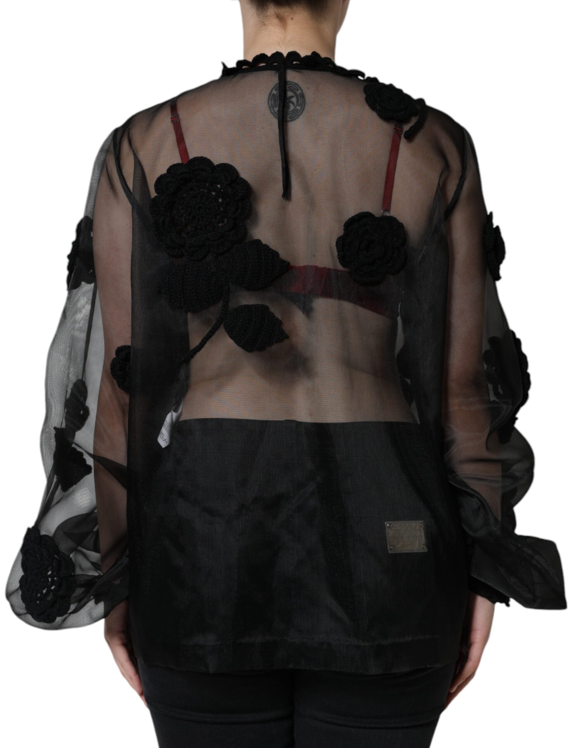 Dolce & Gabbana Black blouse in transparent nylon mesh with floral pattern-4