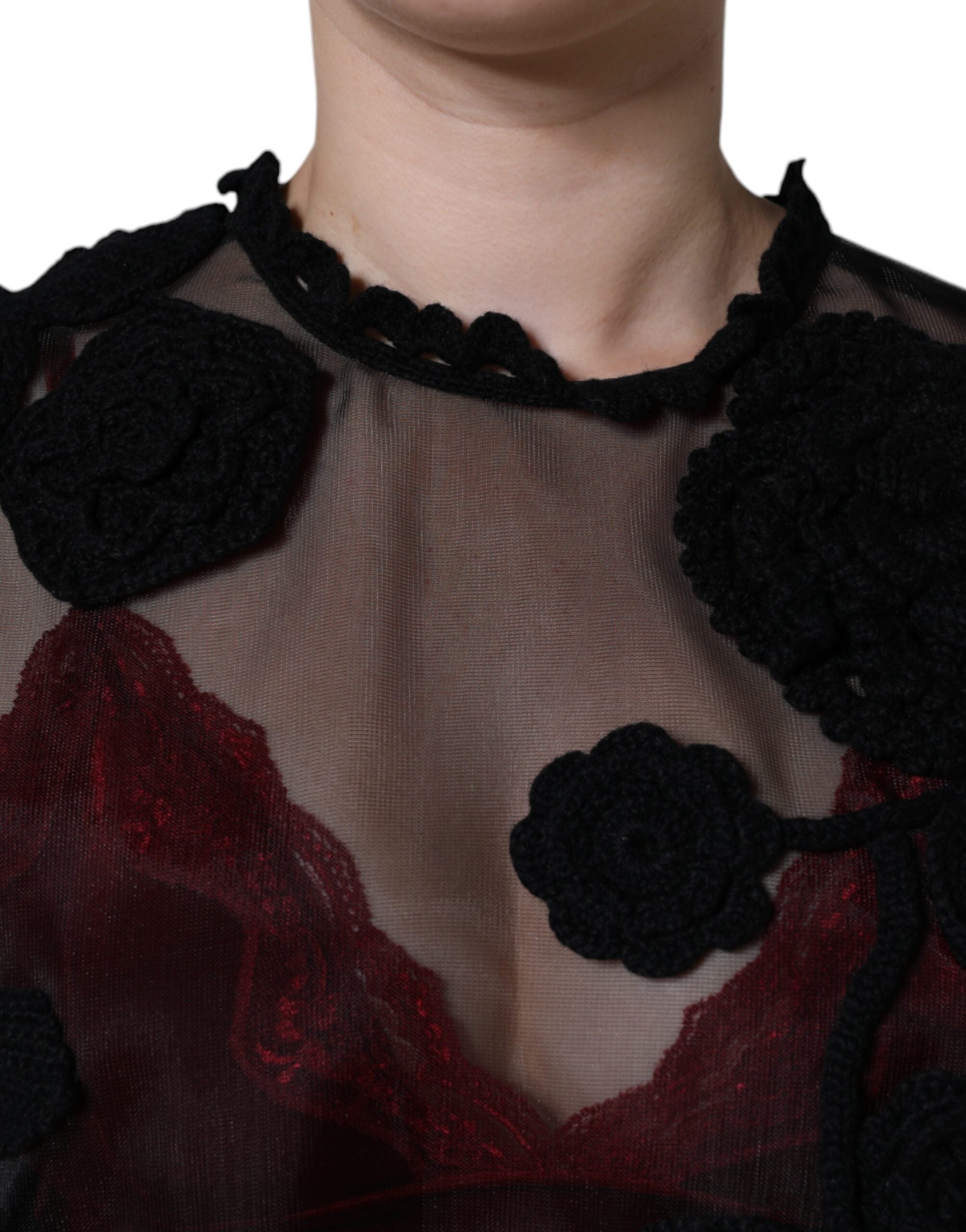 Dolce & Gabbana Black blouse in transparent nylon mesh with floral pattern-5