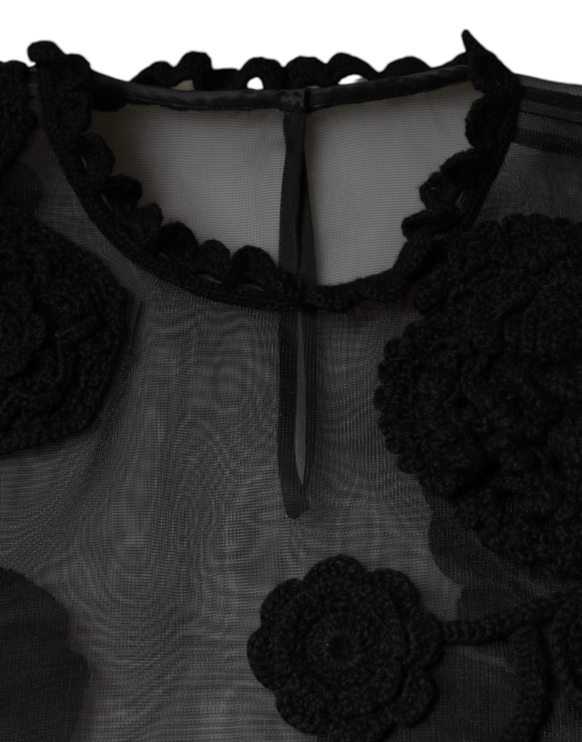 Dolce & Gabbana Black blouse in transparent nylon mesh with floral pattern-6