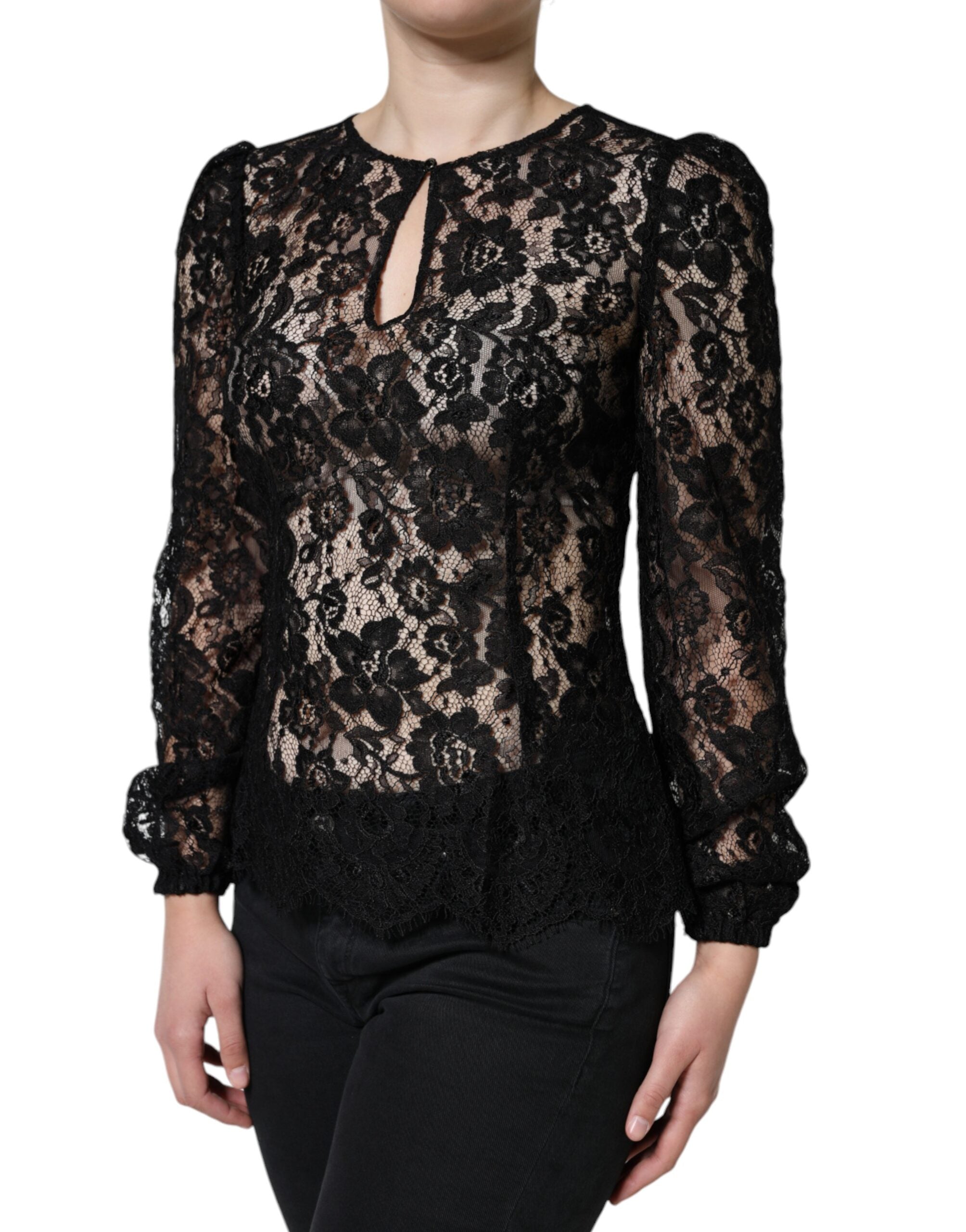 Dolce & Gabbana Schwarzes langärmeliges Top aus floraler Spitze mit Durchblick-2
