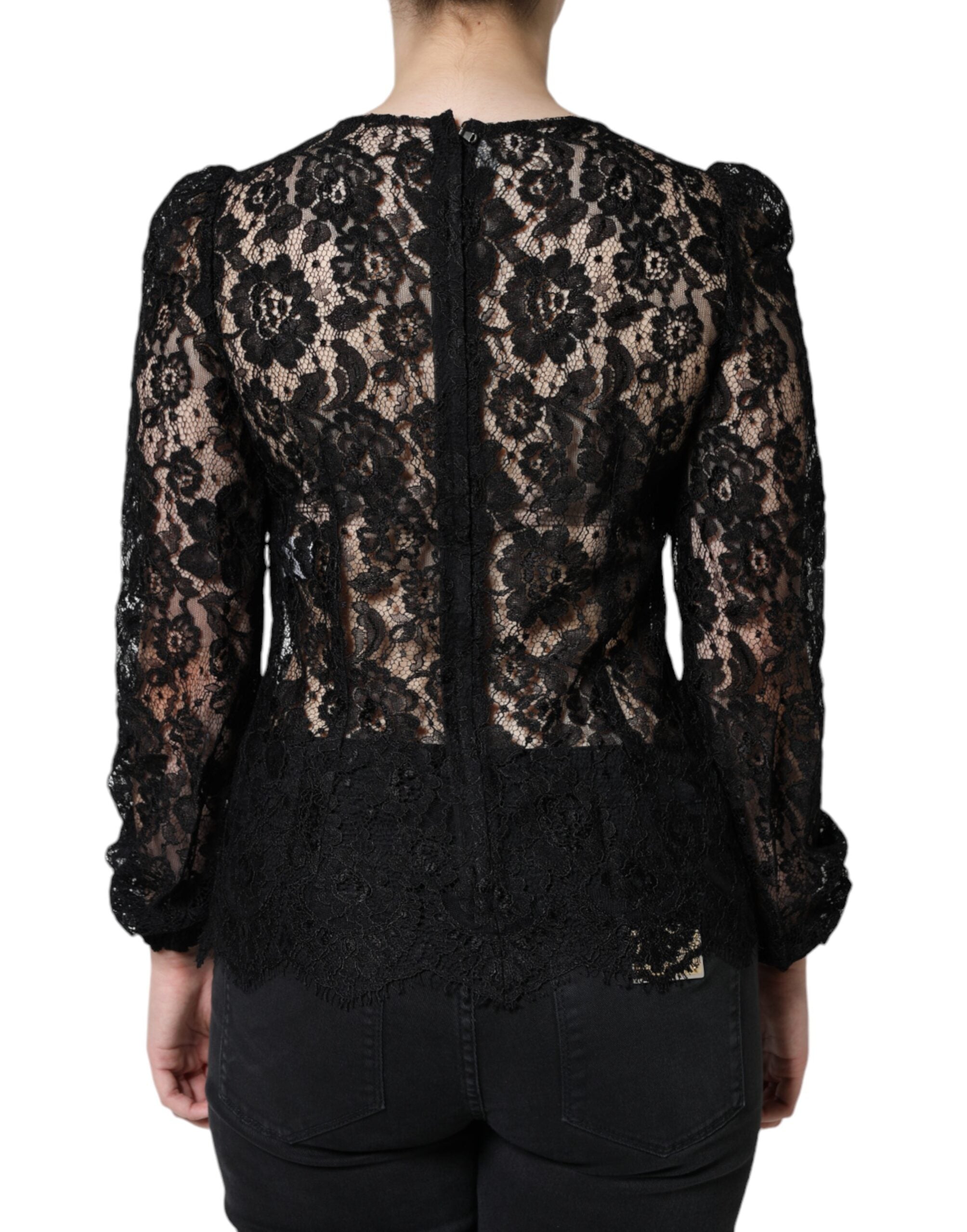 Dolce & Gabbana Schwarzes langärmeliges Top aus floraler Spitze mit Durchblick-3