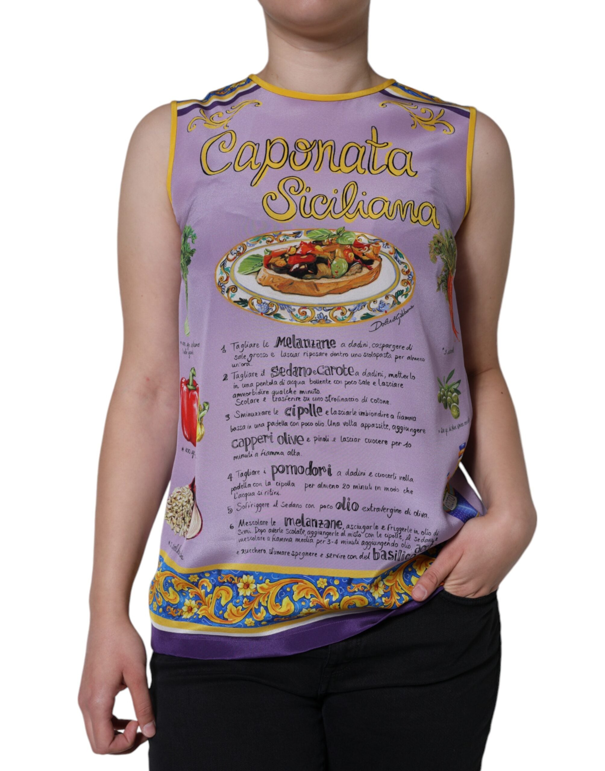 Dolce & Gabbana Camiseta sin mangas con estampado Caponata Siciliana de seda morada-2