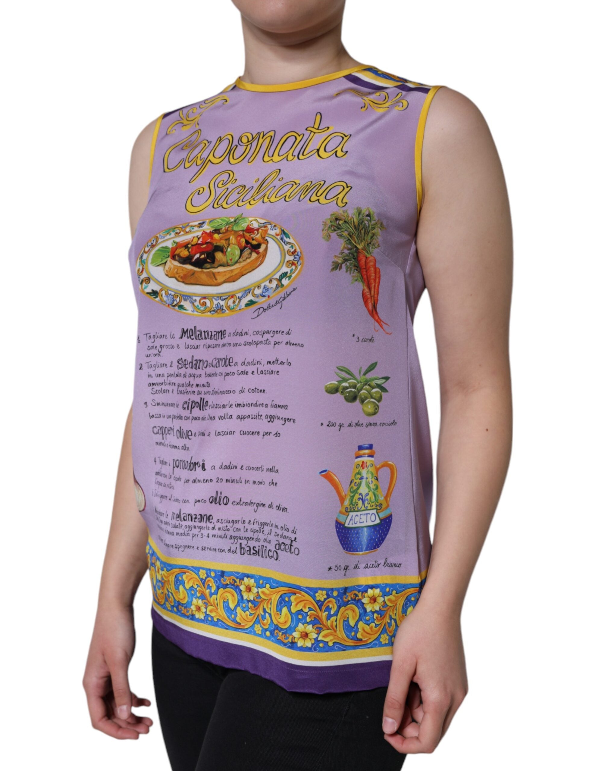 Dolce & Gabbana Camiseta sin mangas con estampado Caponata Siciliana de seda morada-3