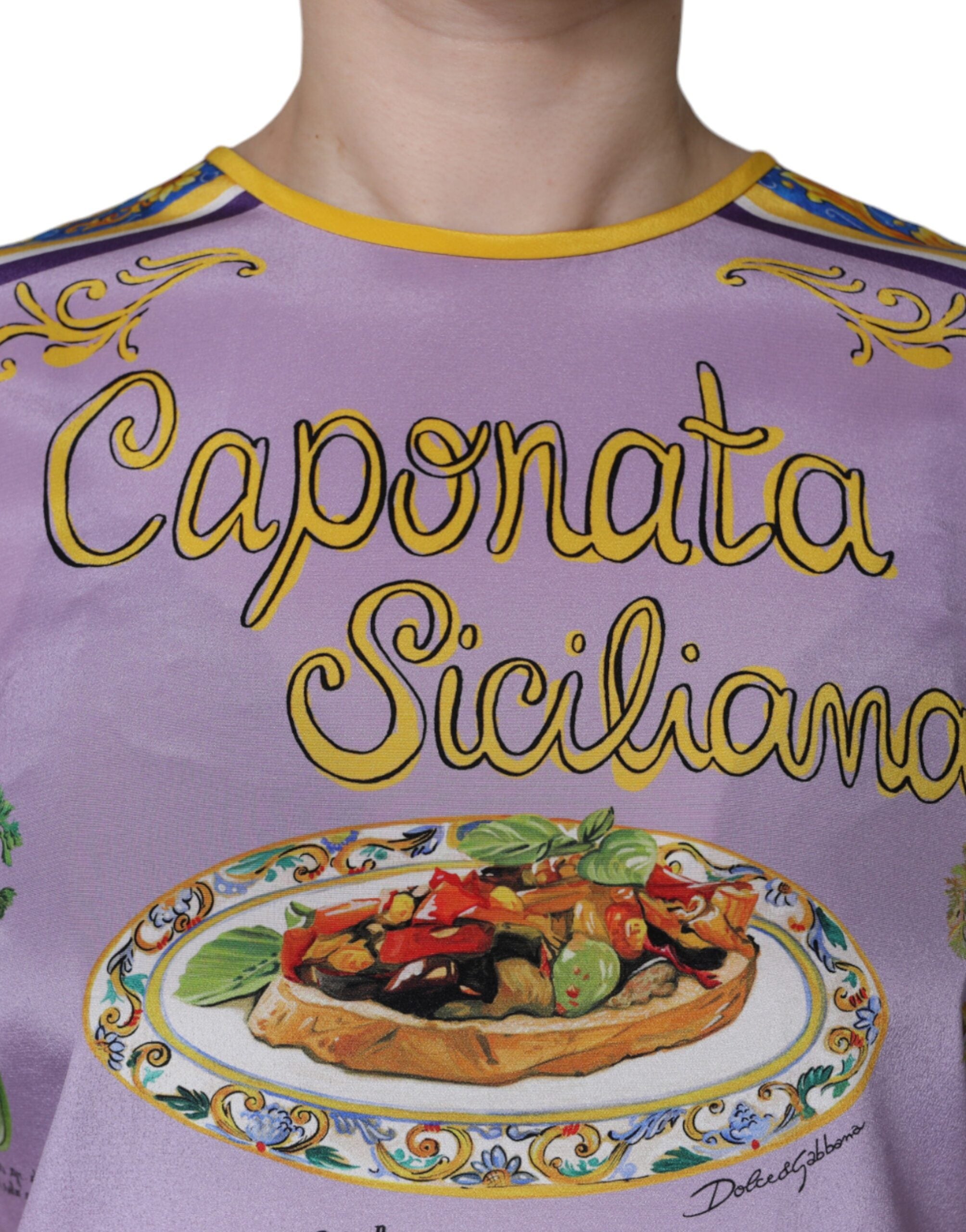 Dolce & Gabbana Camiseta sin mangas con estampado Caponata Siciliana de seda morada-5
