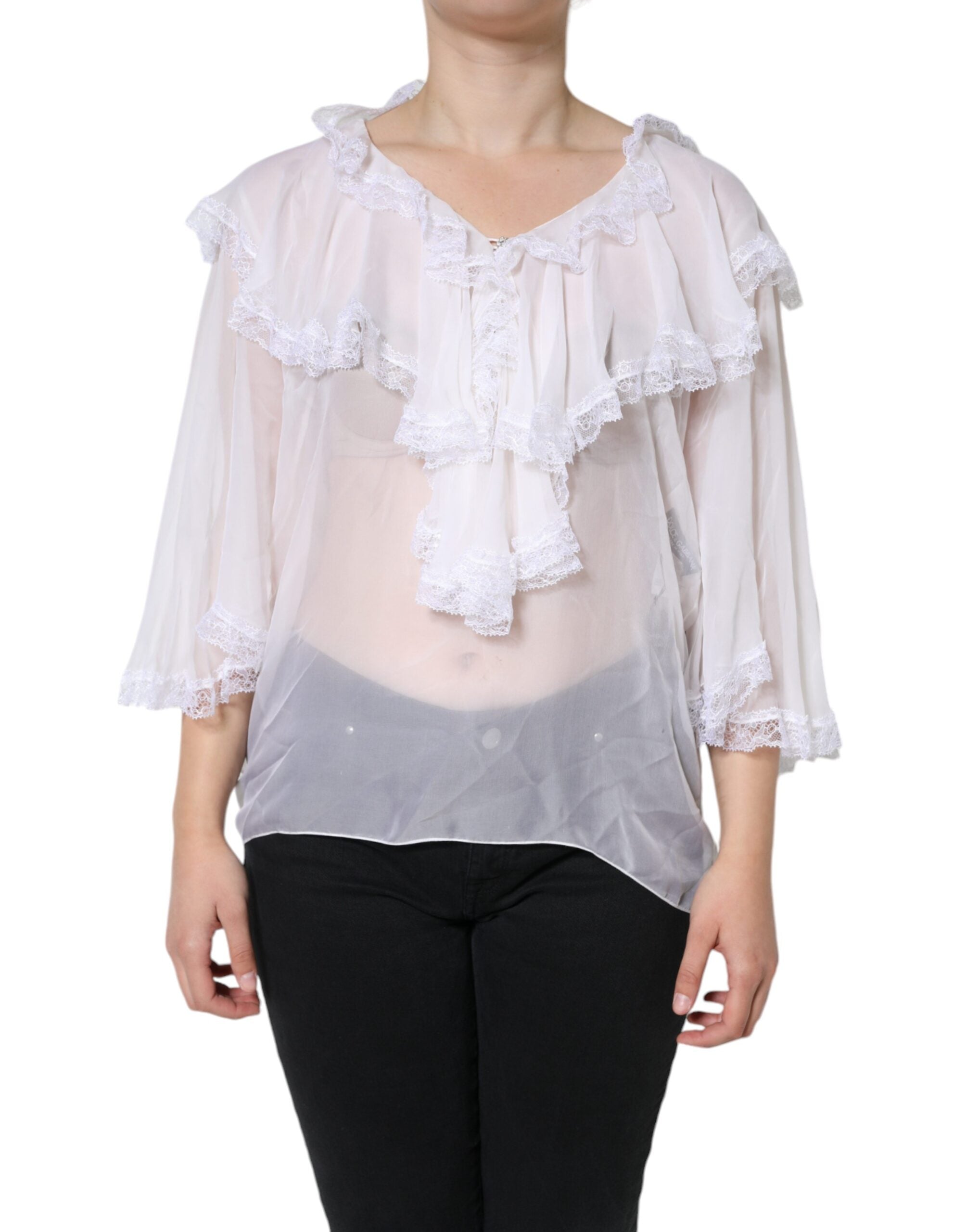 Dolce & Gabbana White Long Sleeve Blouse Top with Ruffles and Lace-2