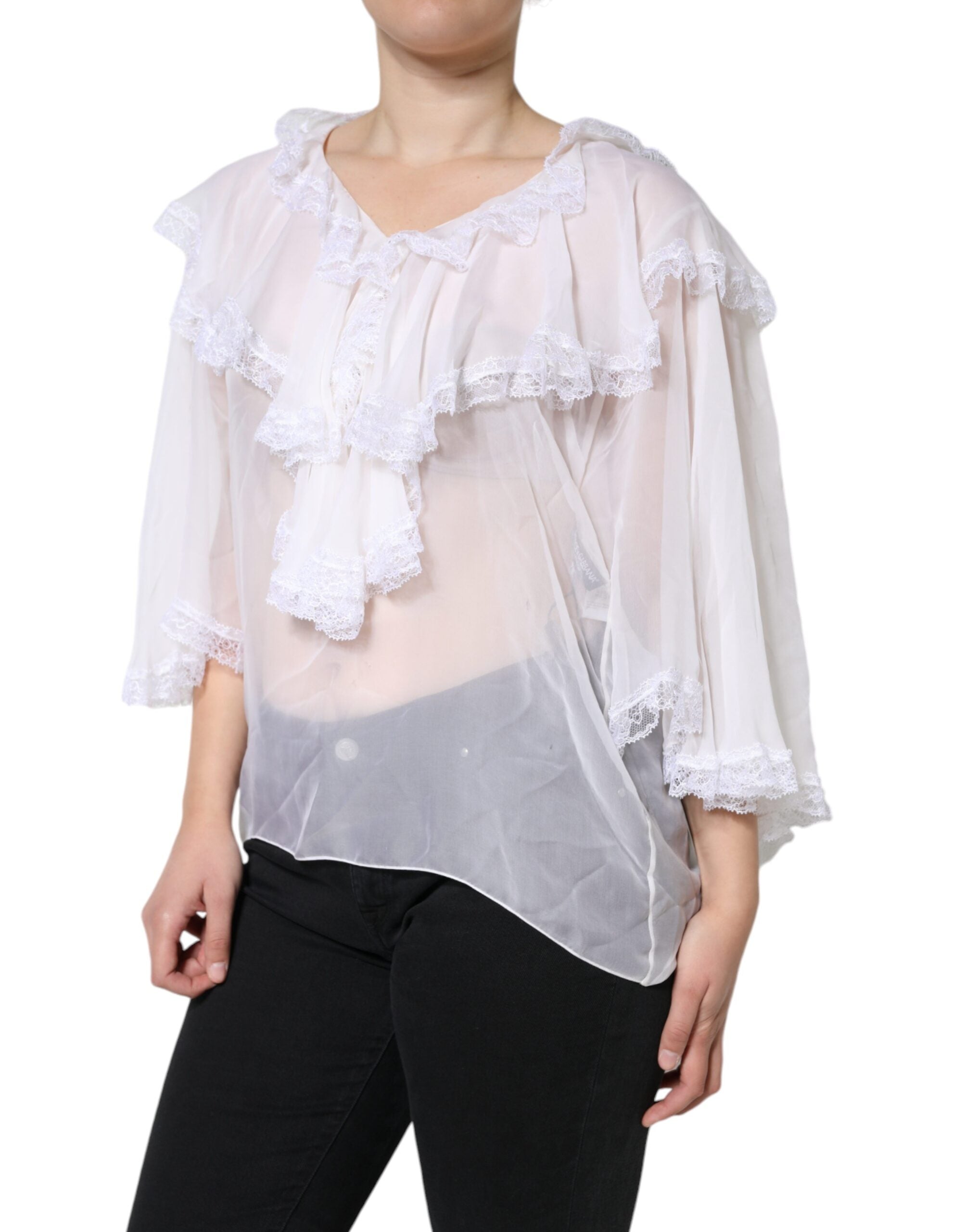 Dolce & Gabbana White Long Sleeve Blouse Top with Ruffles and Lace-3