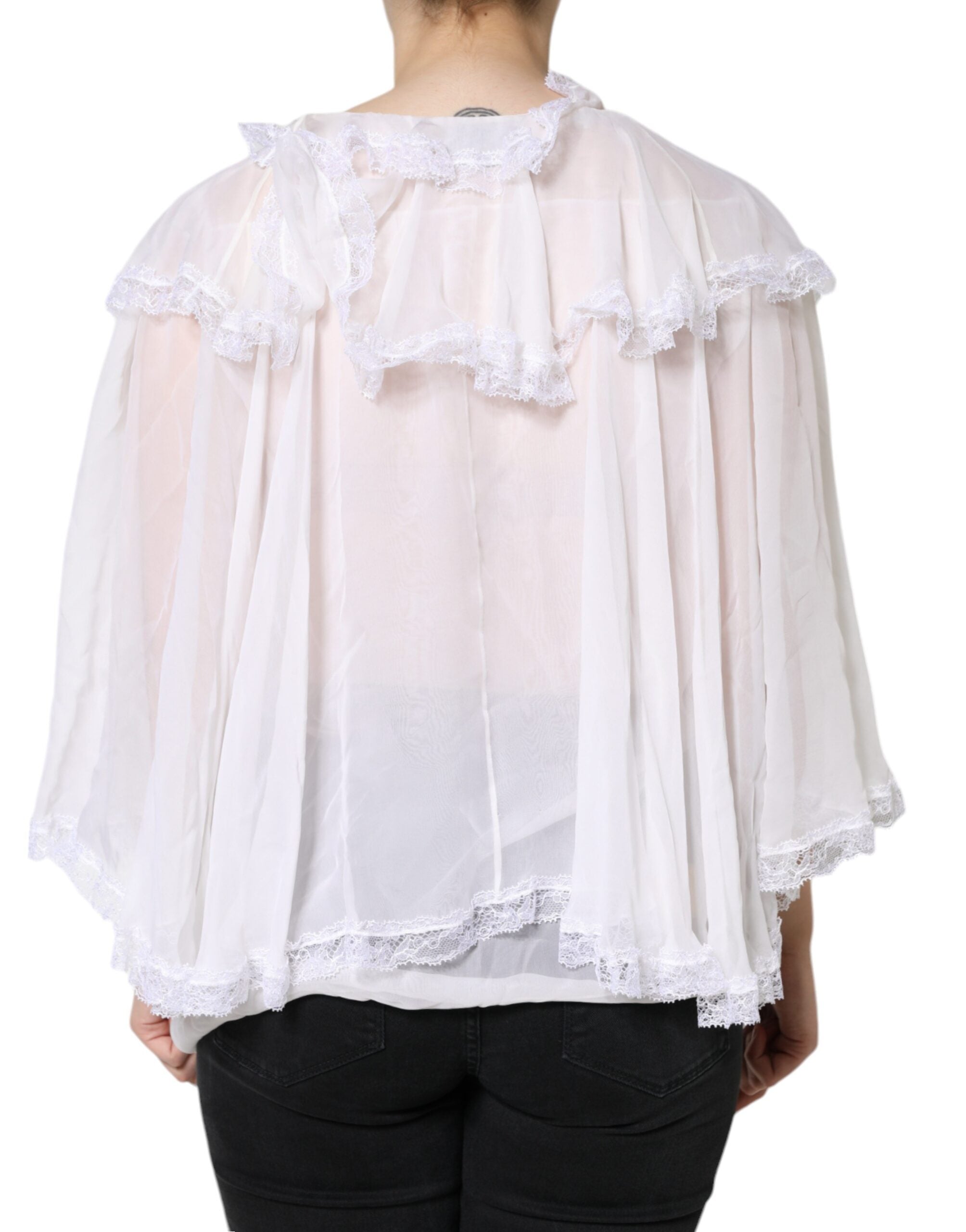 Dolce & Gabbana White Long Sleeve Blouse Top with Ruffles and Lace-4