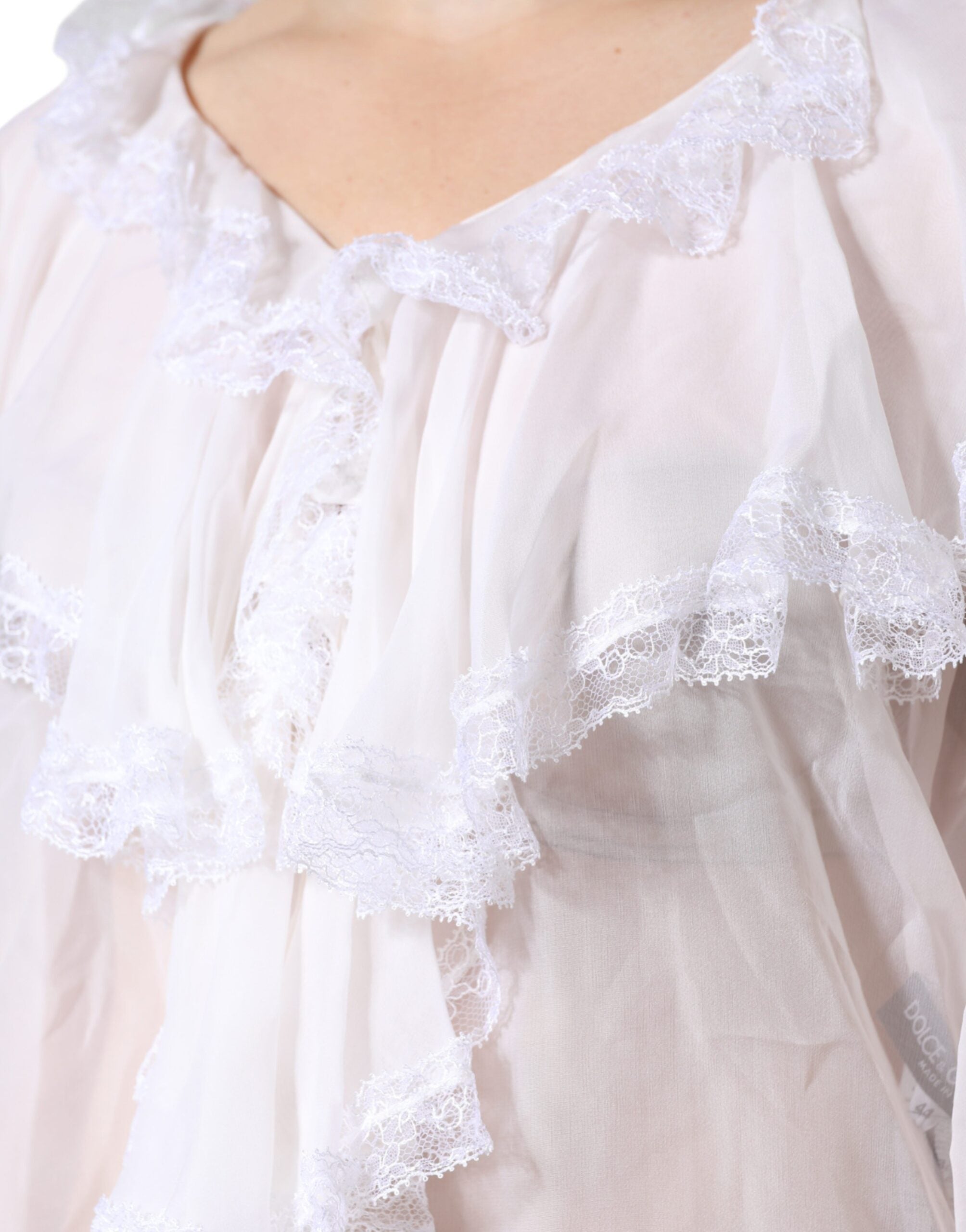 Dolce & Gabbana White Long Sleeve Blouse Top with Ruffles and Lace-7