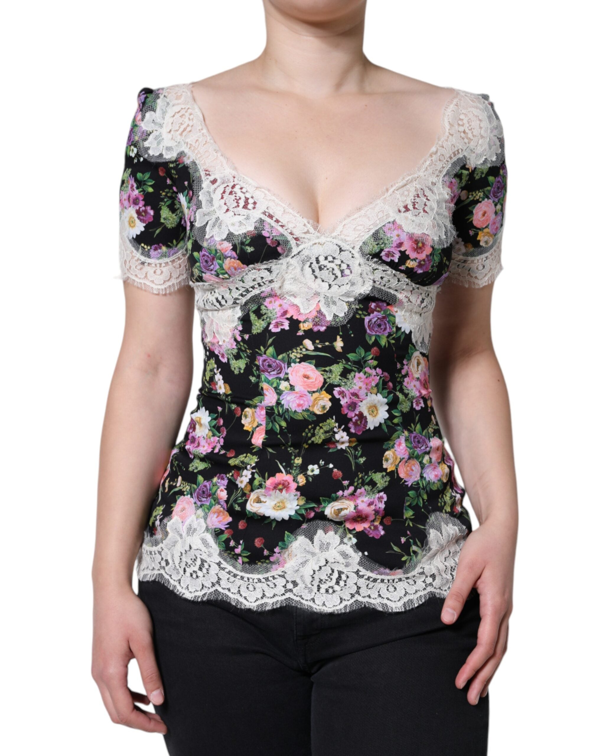 Dolce & Gabbana Schwarzes Blusentop mit floraler Spitze und kurzen Ärmeln-2