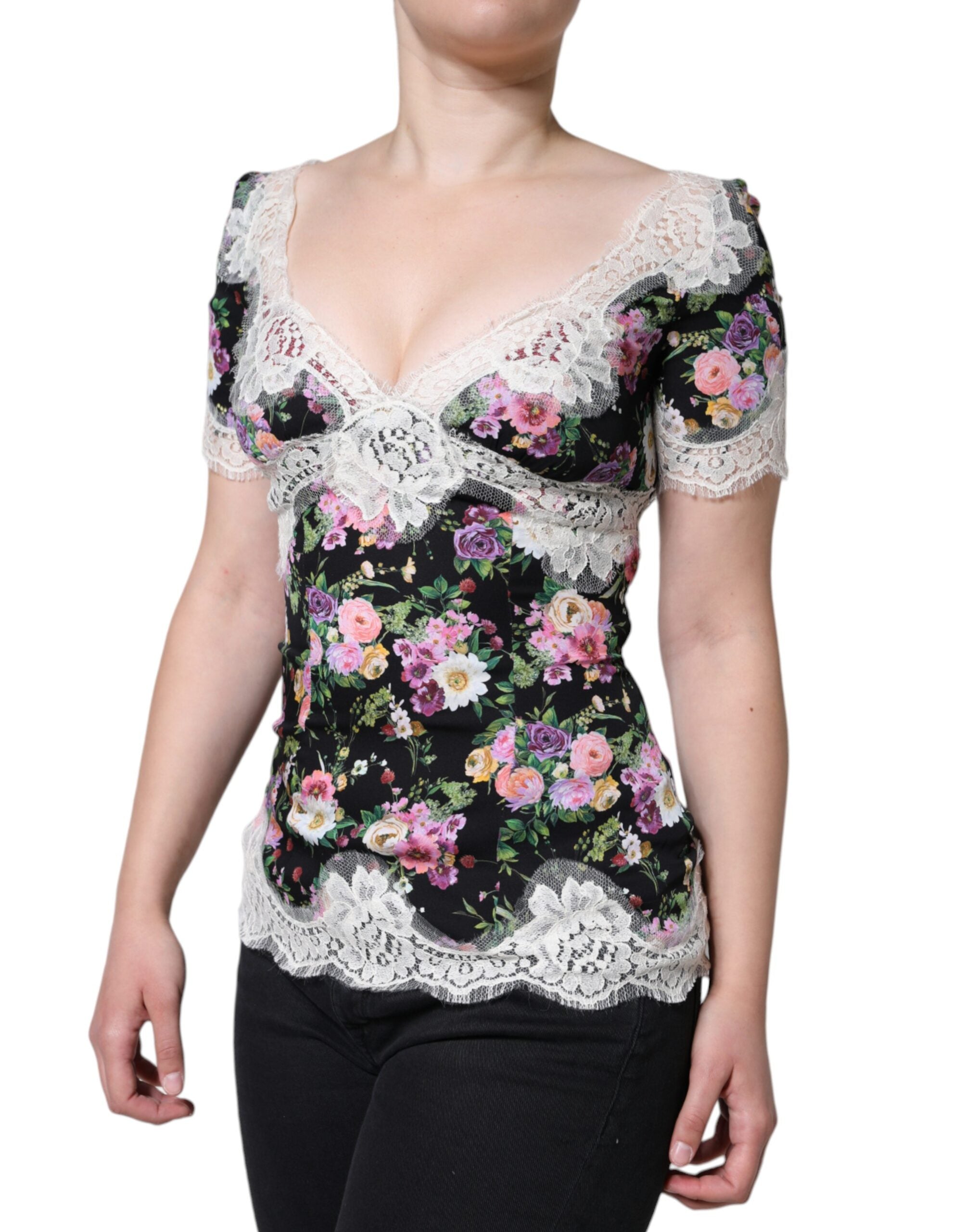 Dolce & Gabbana Schwarzes Blusentop mit floraler Spitze und kurzen Ärmeln-3