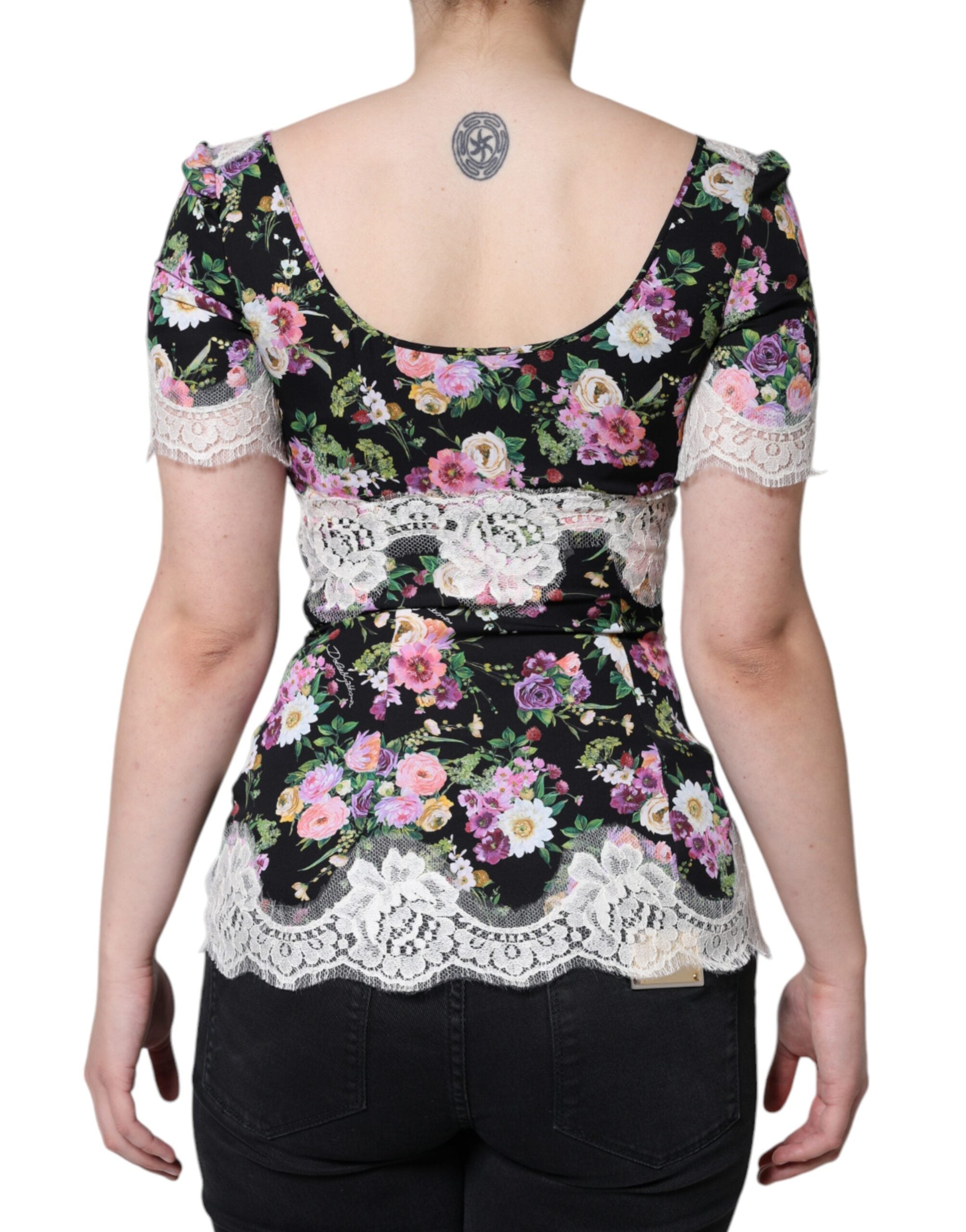 Dolce & Gabbana Schwarzes Blusentop mit floraler Spitze und kurzen Ärmeln-4