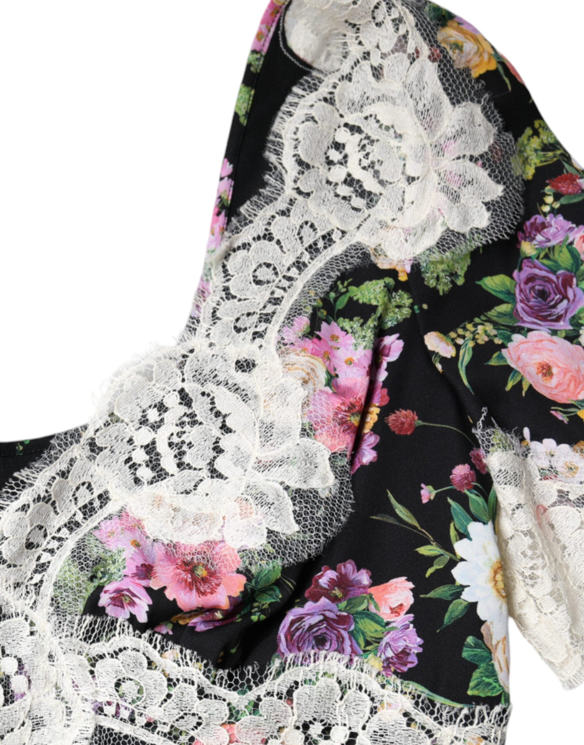 Dolce & Gabbana Schwarzes Blusentop mit floraler Spitze und kurzen Ärmeln-7