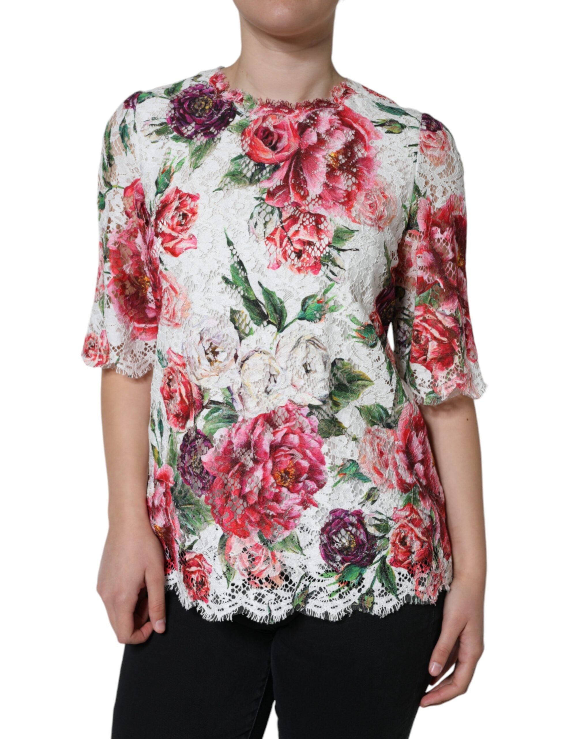 Dolce & Gabbana White Peony Lace Short Sleeve Blouse Top-2
