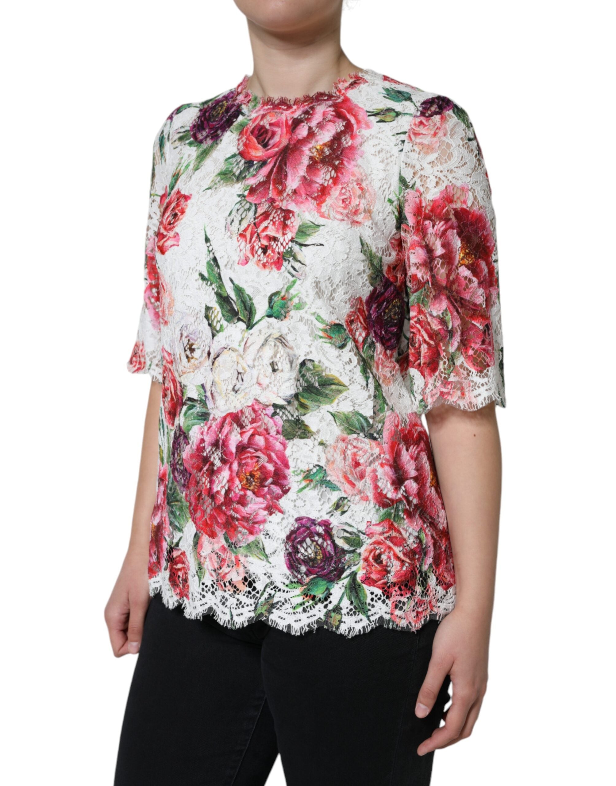 Dolce & Gabbana White Peony Lace Short Sleeve Blouse Top-3