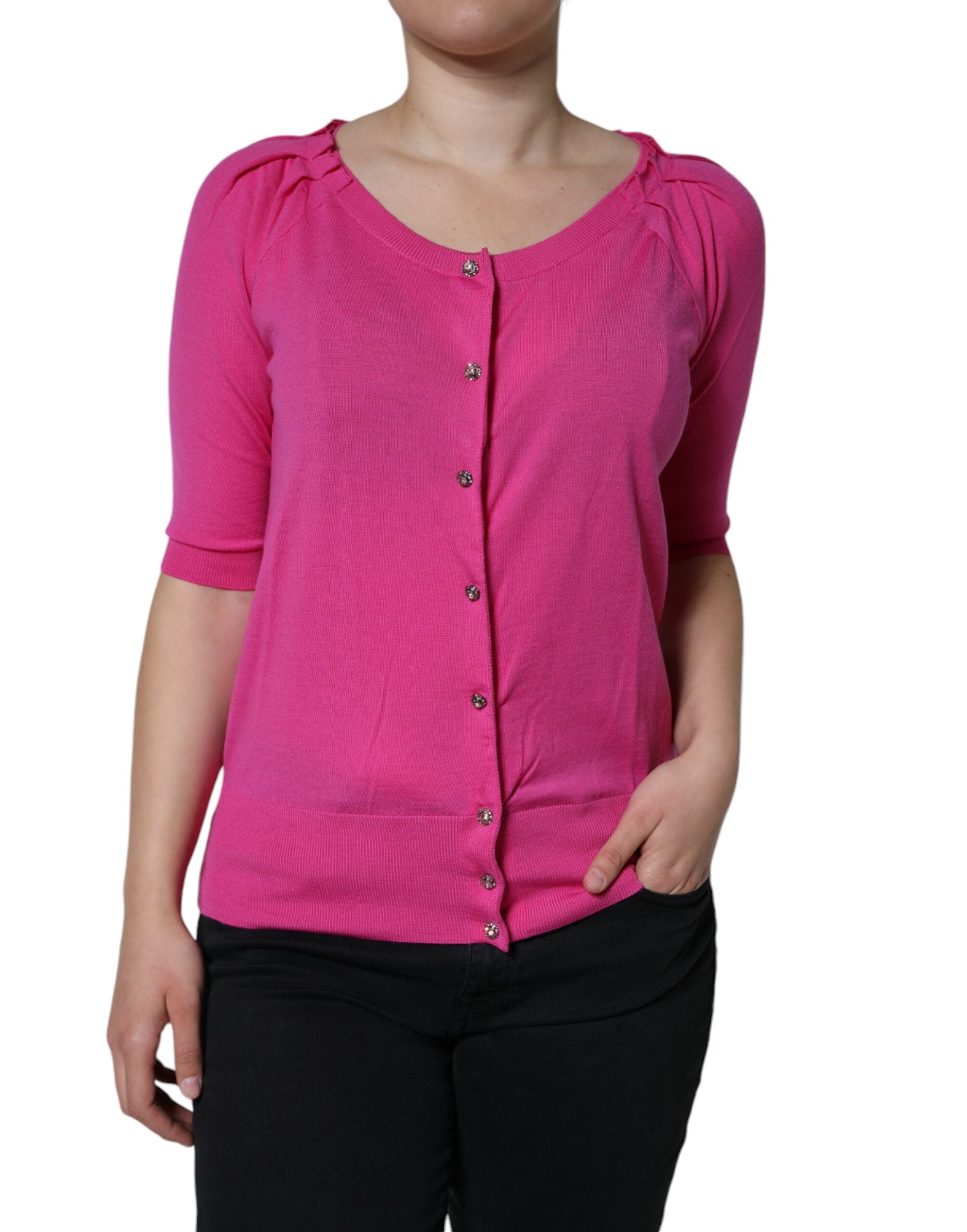 Dolce & Gabbana short-sleeved blouse top in pink wool with button placket-2